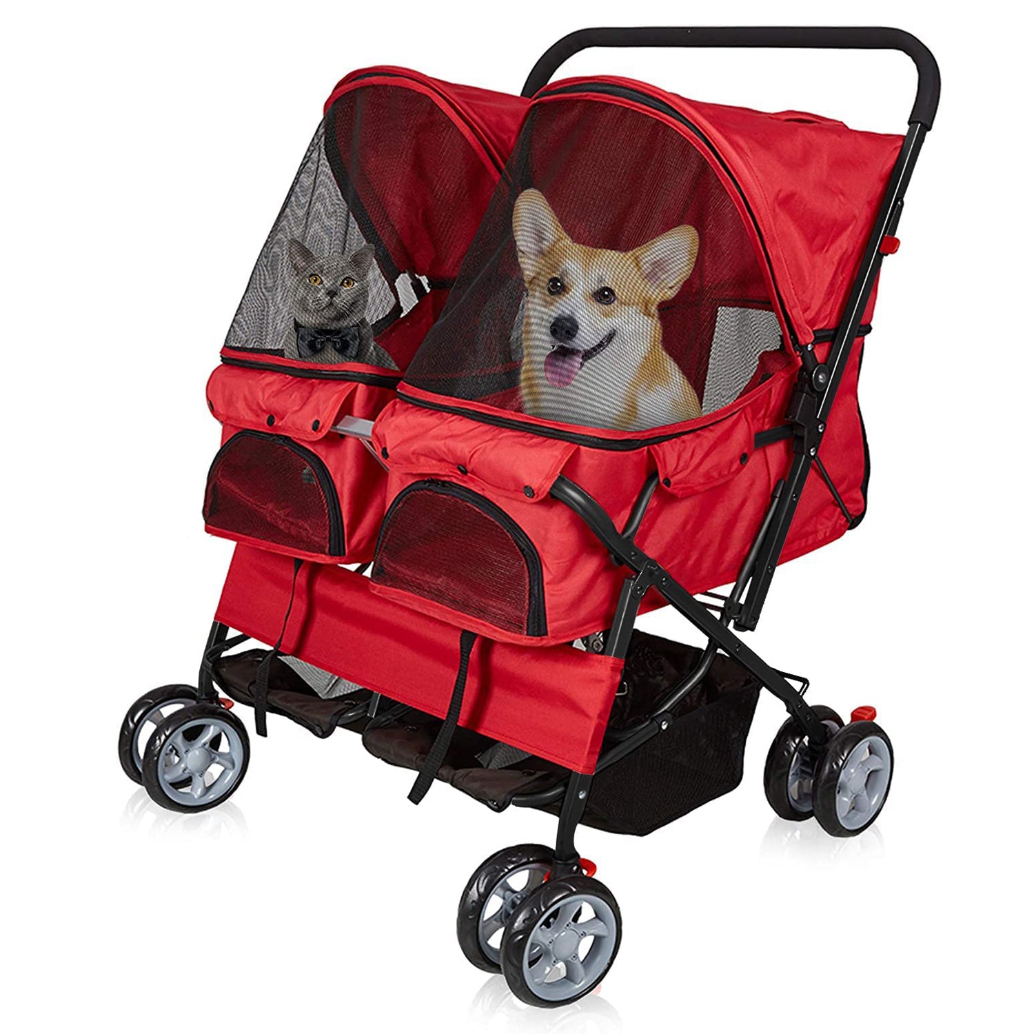 Double Folding Dog & Cat Stroller Two-Seater Pet Carrier Cart, Red - Bosonshop