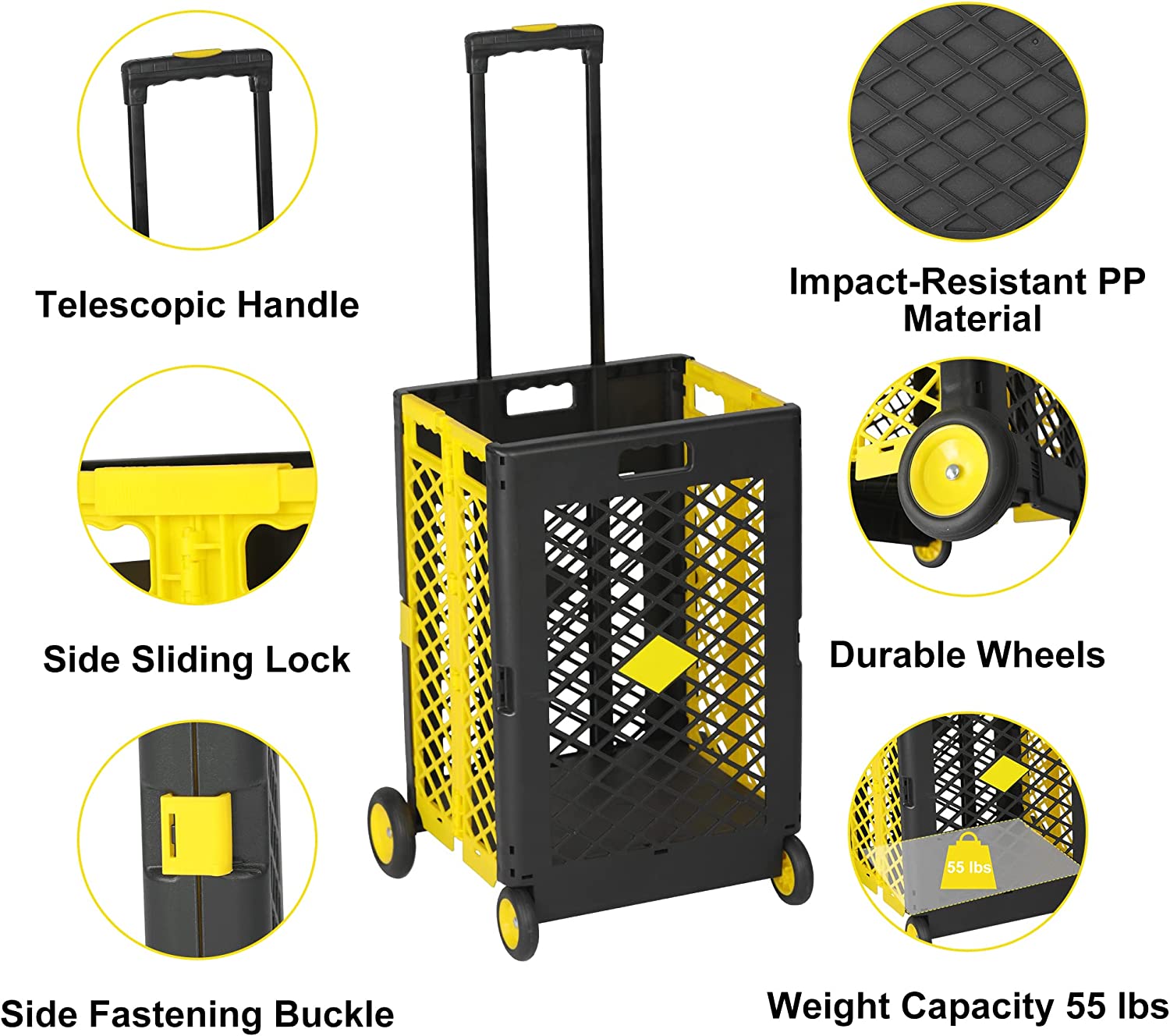 55L Foldable Rolling Cart with Wheels, Portable Updated Utility Tools Rolling Crate w/ Telescopic Handle, Yellow - Bosonshop