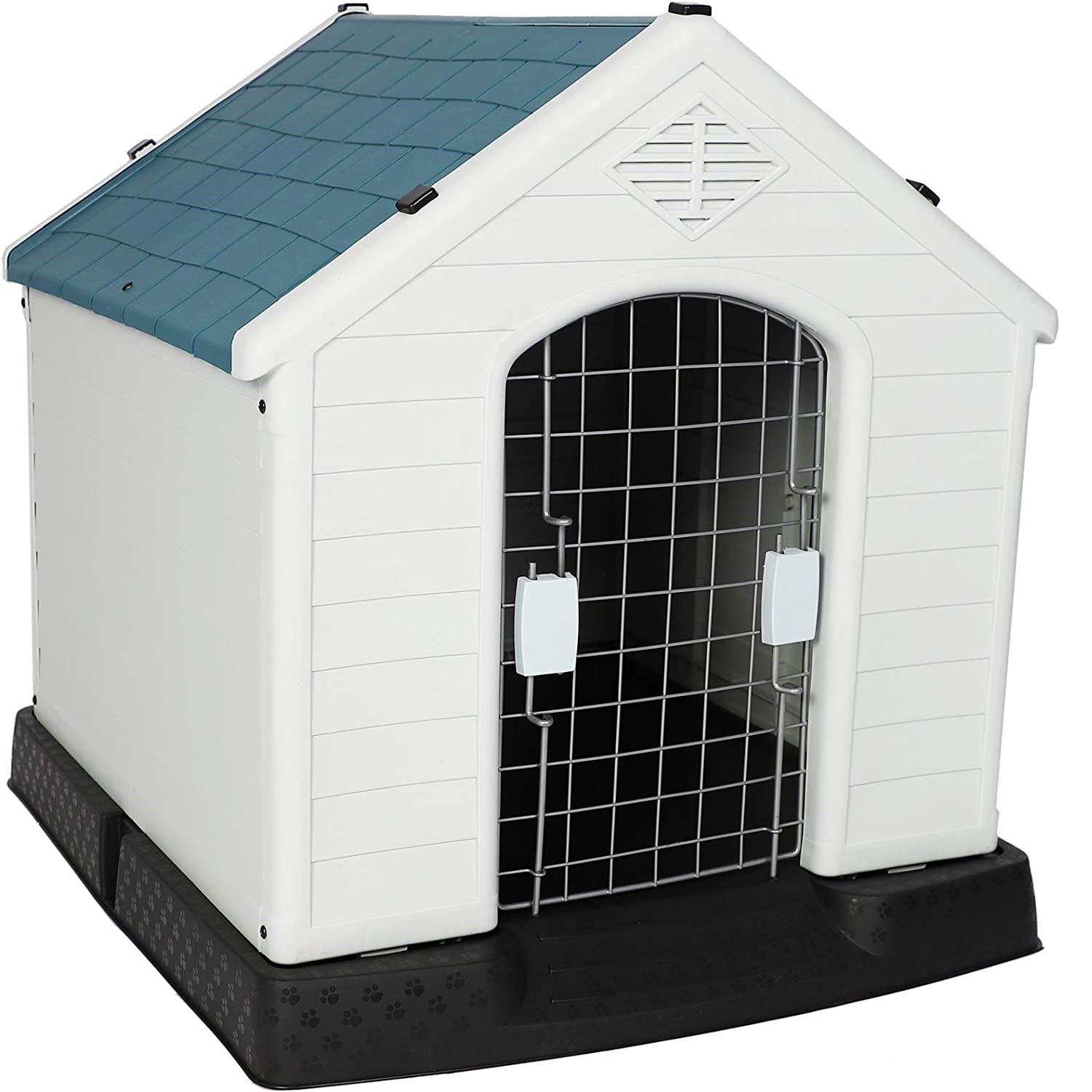 Plastic Ventilate Dog House with Door 28.3" Height Weatherproof Pet House with Elevated Floor, Medium - Bosonshop