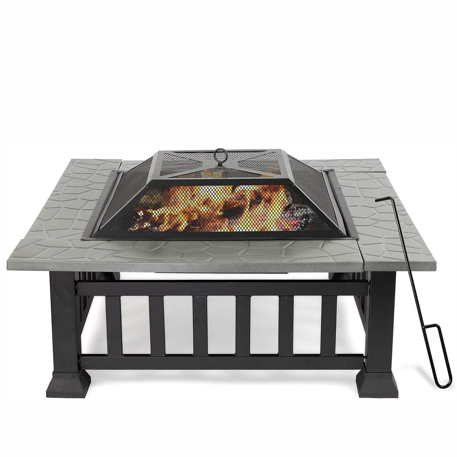 32 Inch Square Fire Pit Table with Wood-Burning Grill, Poker, Lid, and Rain Cover - Bosonshop