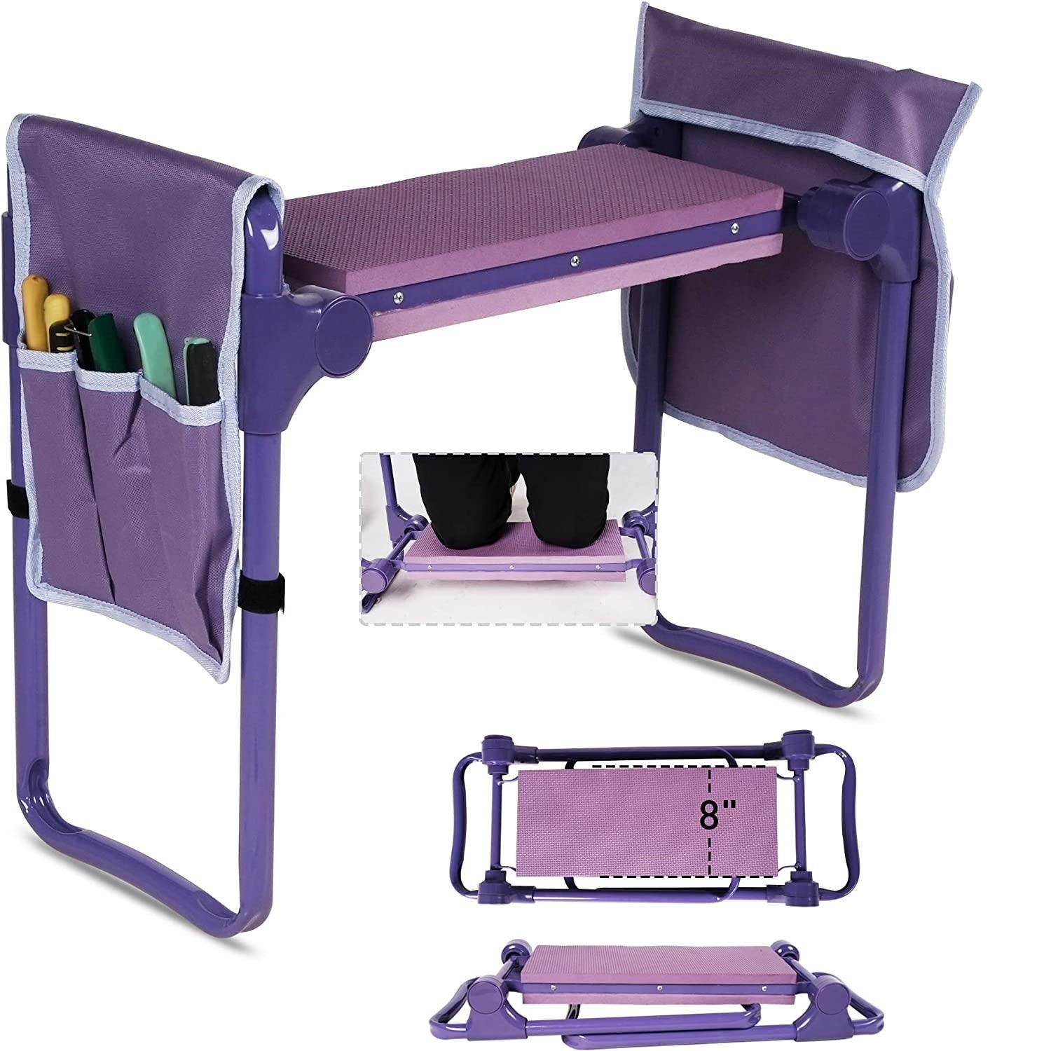 Garden Kneeler Widen Seat Bench Folding Gardening Stools with EVA Foam Kneeling Pad and 2 Tool Pouch, Purple - Bosonshop