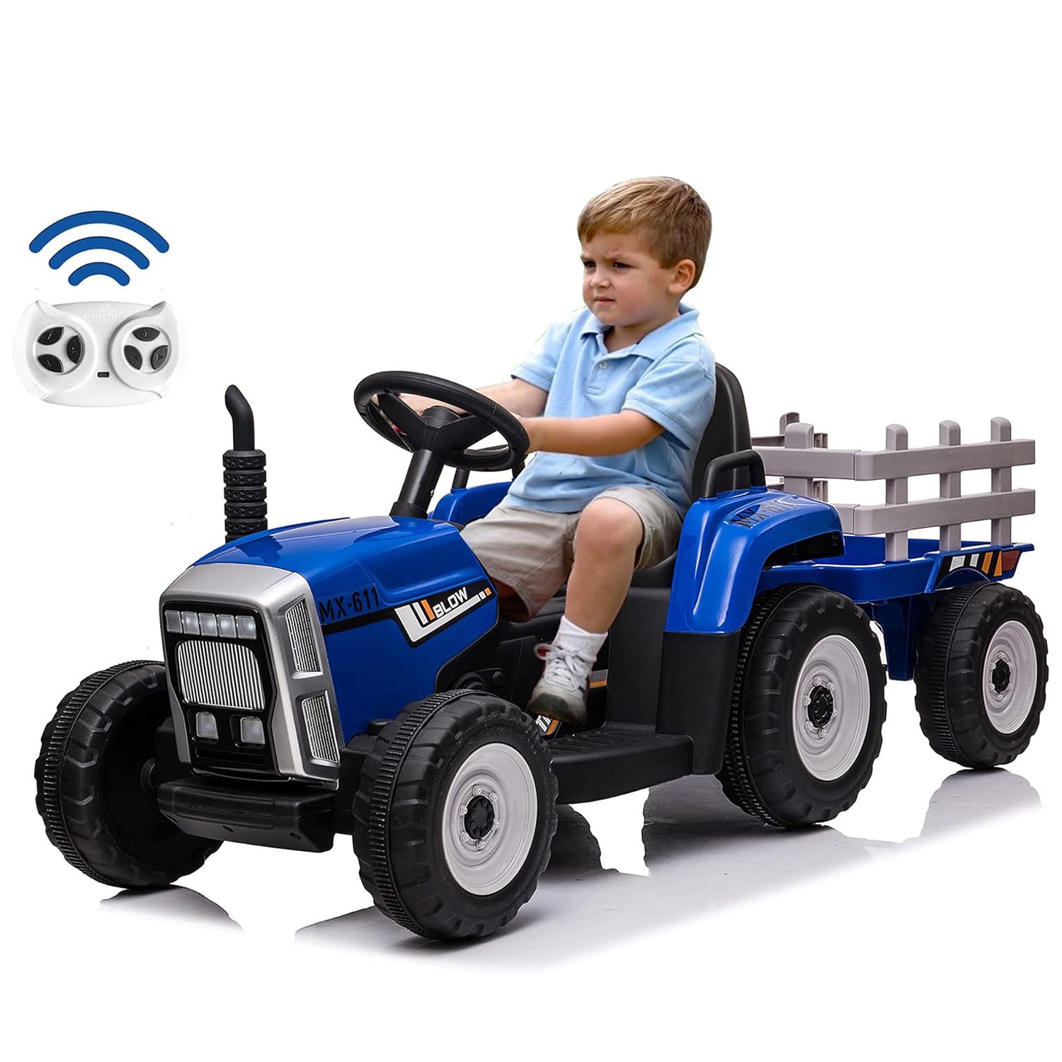 12V Kids Electric Tractor Battery Powered Ride on Toy with Detachable Large Trailer for Age 3+, Blue - Bosonshop
