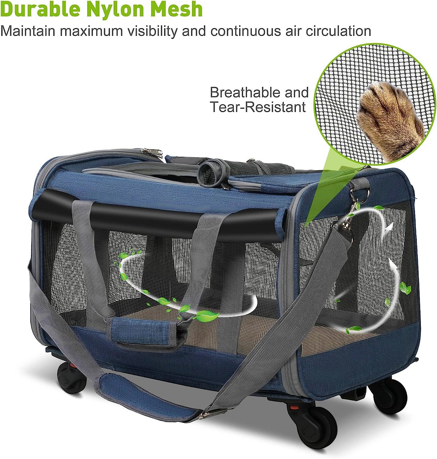 Cat Carriers with Wheels, Airline Approved Pet Travel Carriers with Breathable Mesh, Safe Locking Zippers - Bosonshop