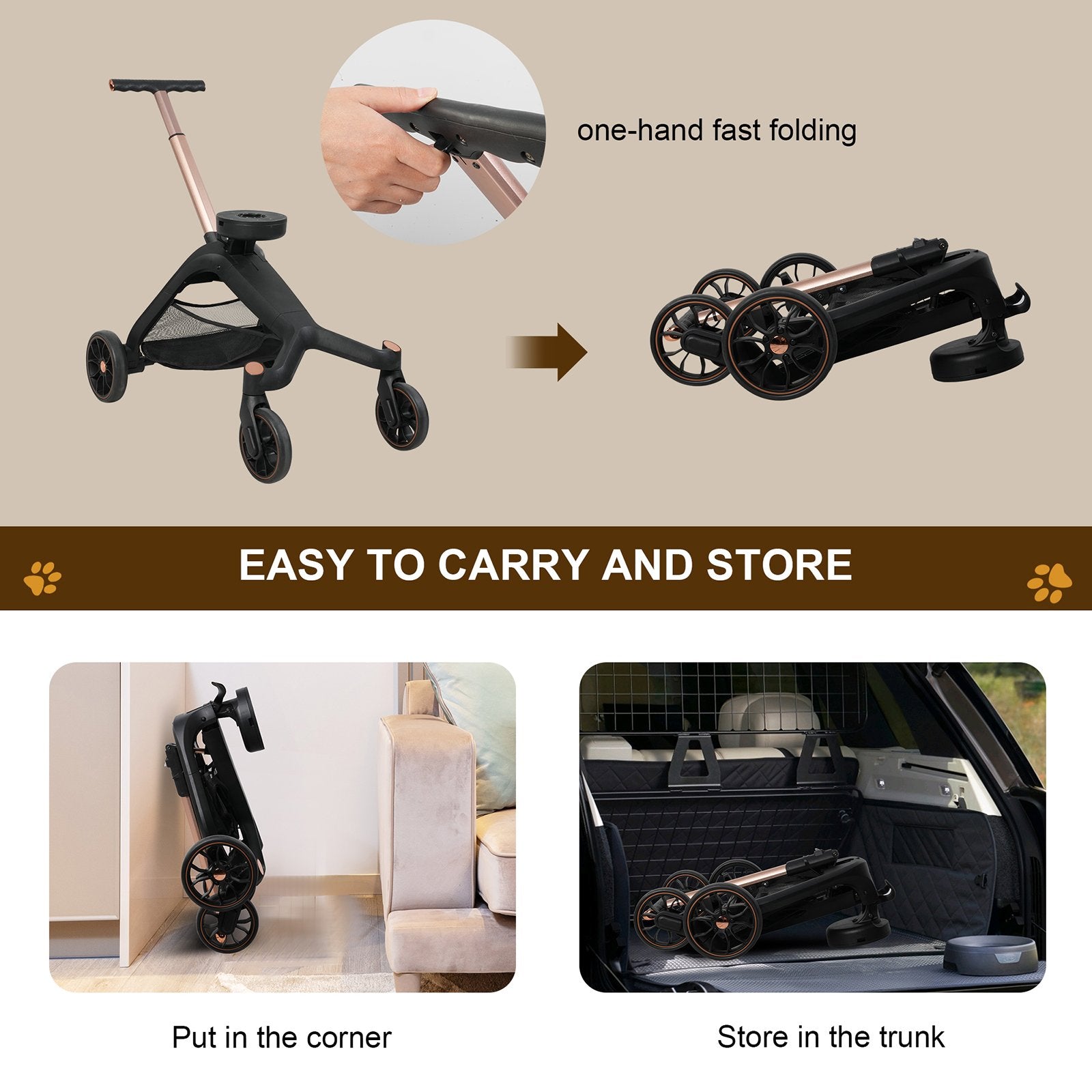 Folding Pet Stroller with Detachable Carrier for Medium Small Dogs Cats, Gold - Bosonshop