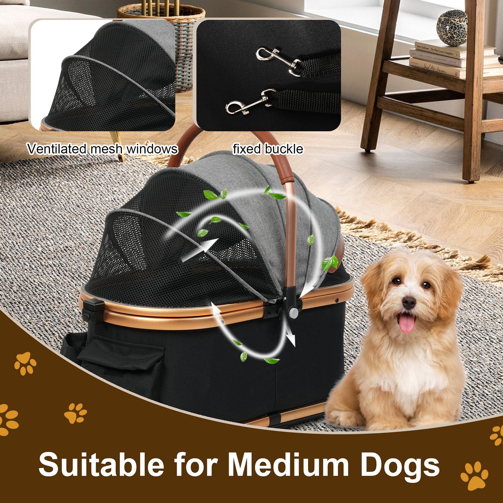 Folding Pet Stroller with Detachable Carrier for Medium Small Dogs Cats, Gold - Bosonshop
