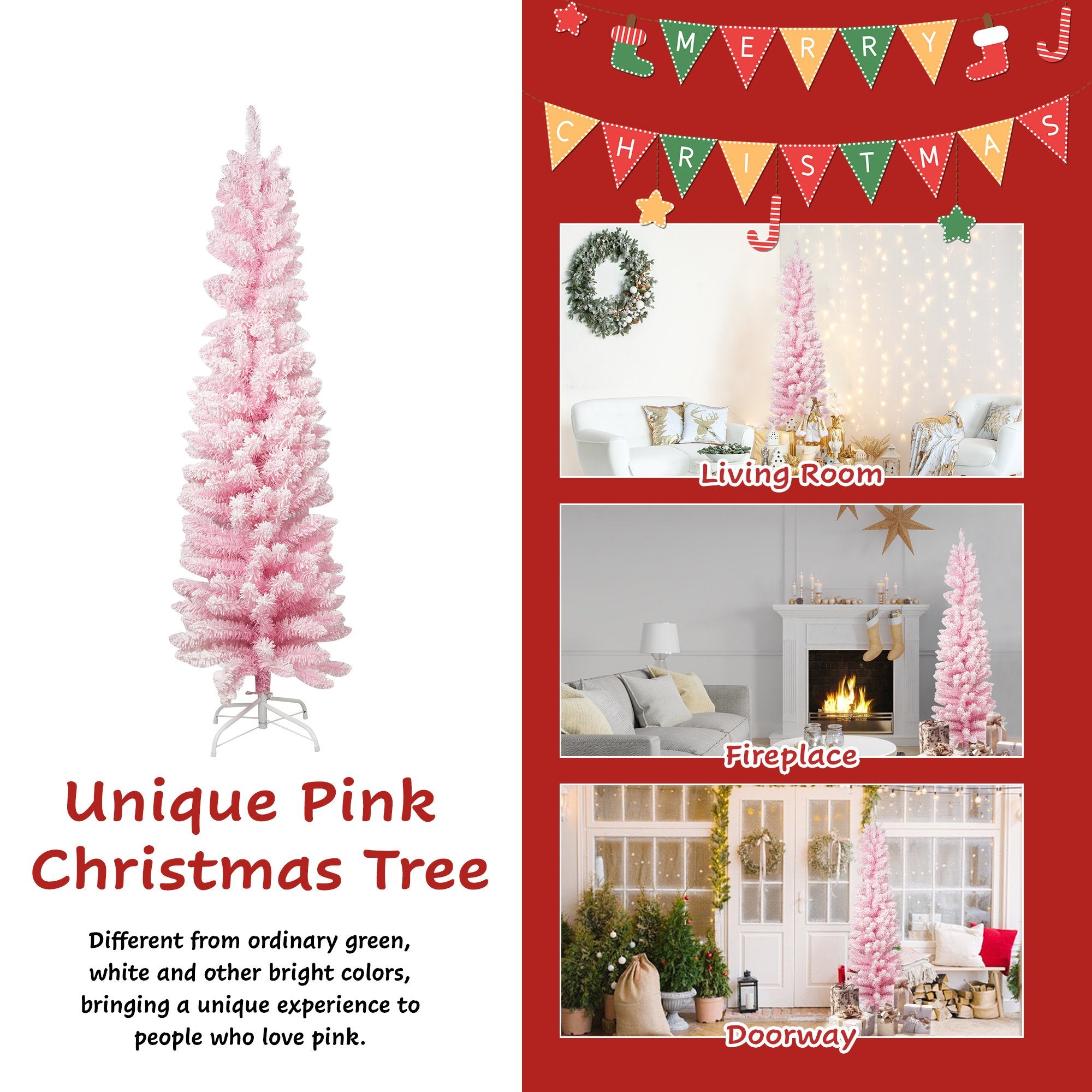 5ft Pink Christmas Tree Artificial Xmas Tree with 250 Branch Tips and Metal Frame - Bosonshop