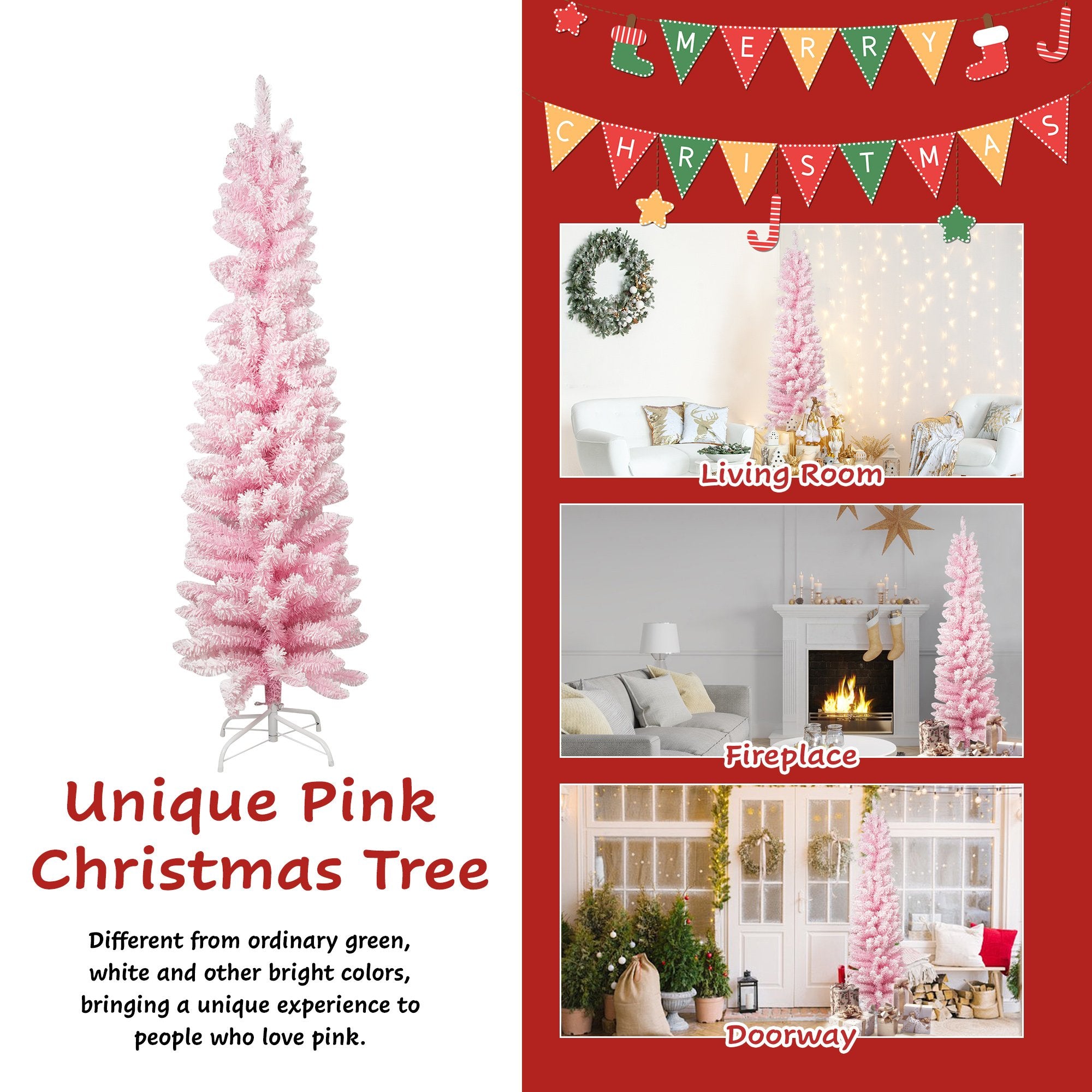 6ft Pink Christmas Tree Artificial Xmas Tree with 320 Branch Tips and Metal Frame - Bosonshop