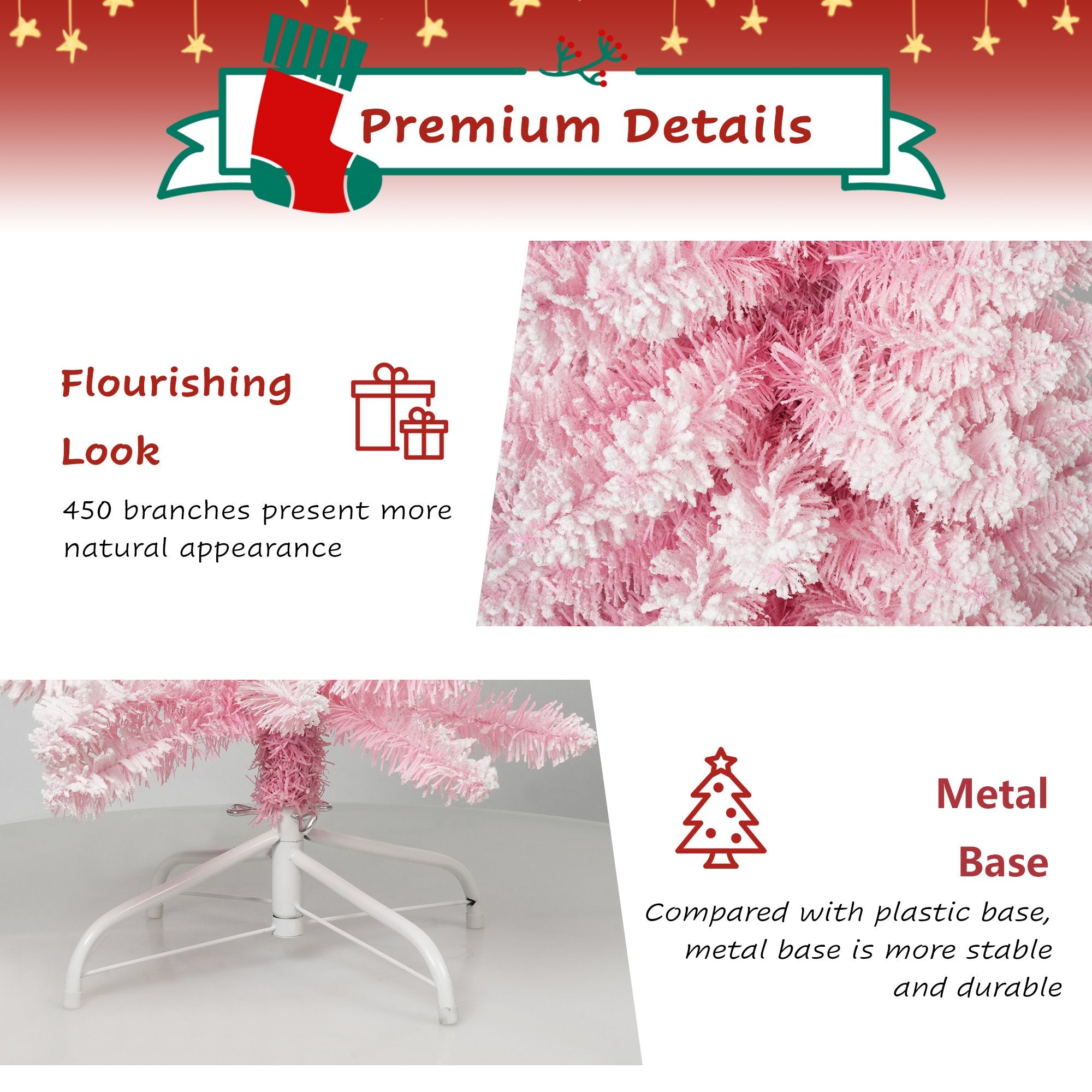 6.9ft Pink Christmas Tree Artificial Xmas Tree with 450 Branch Tips, Metal Frame - Bosonshop