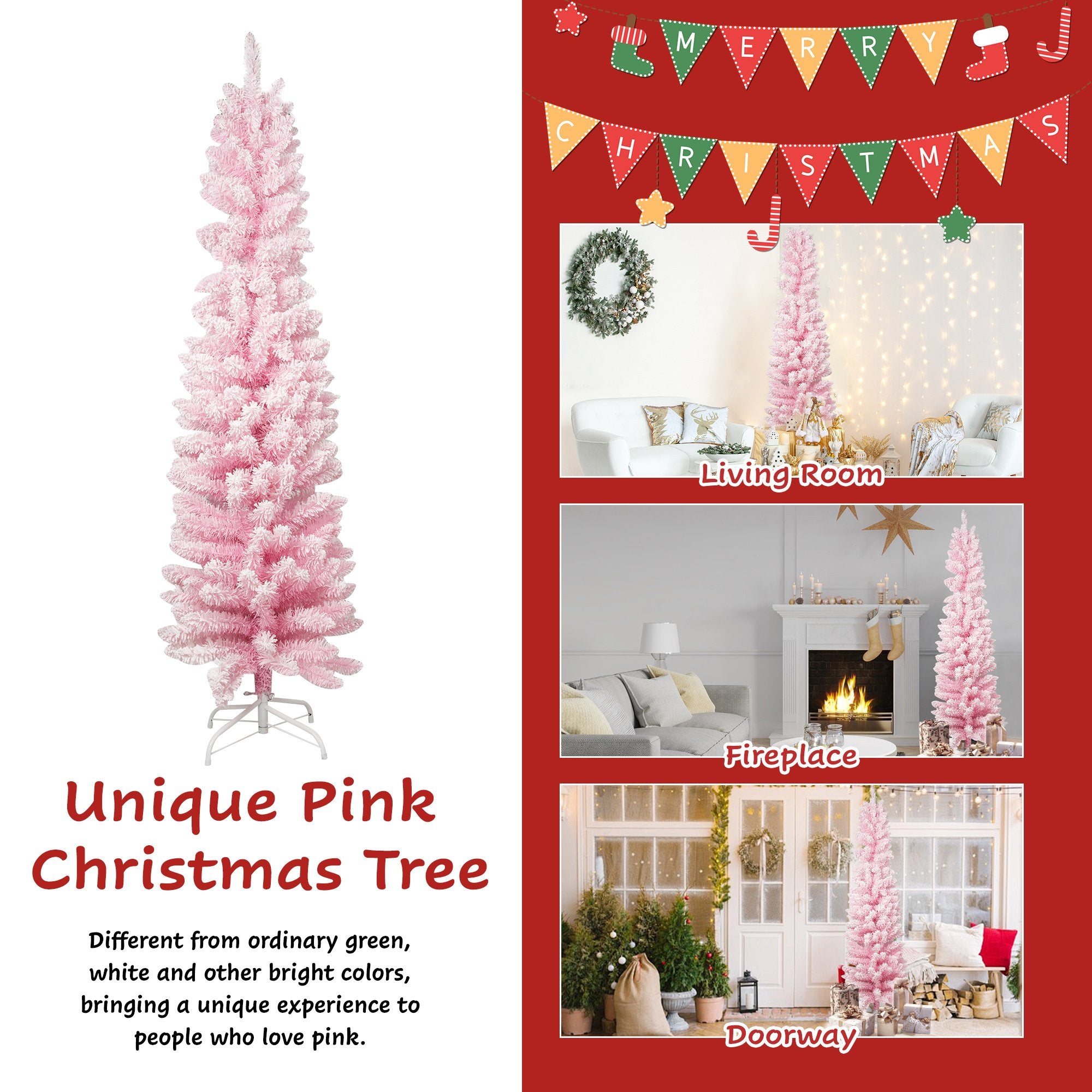 6.9ft Pink Christmas Tree Artificial Xmas Tree with 450 Branch Tips, Metal Frame - Bosonshop