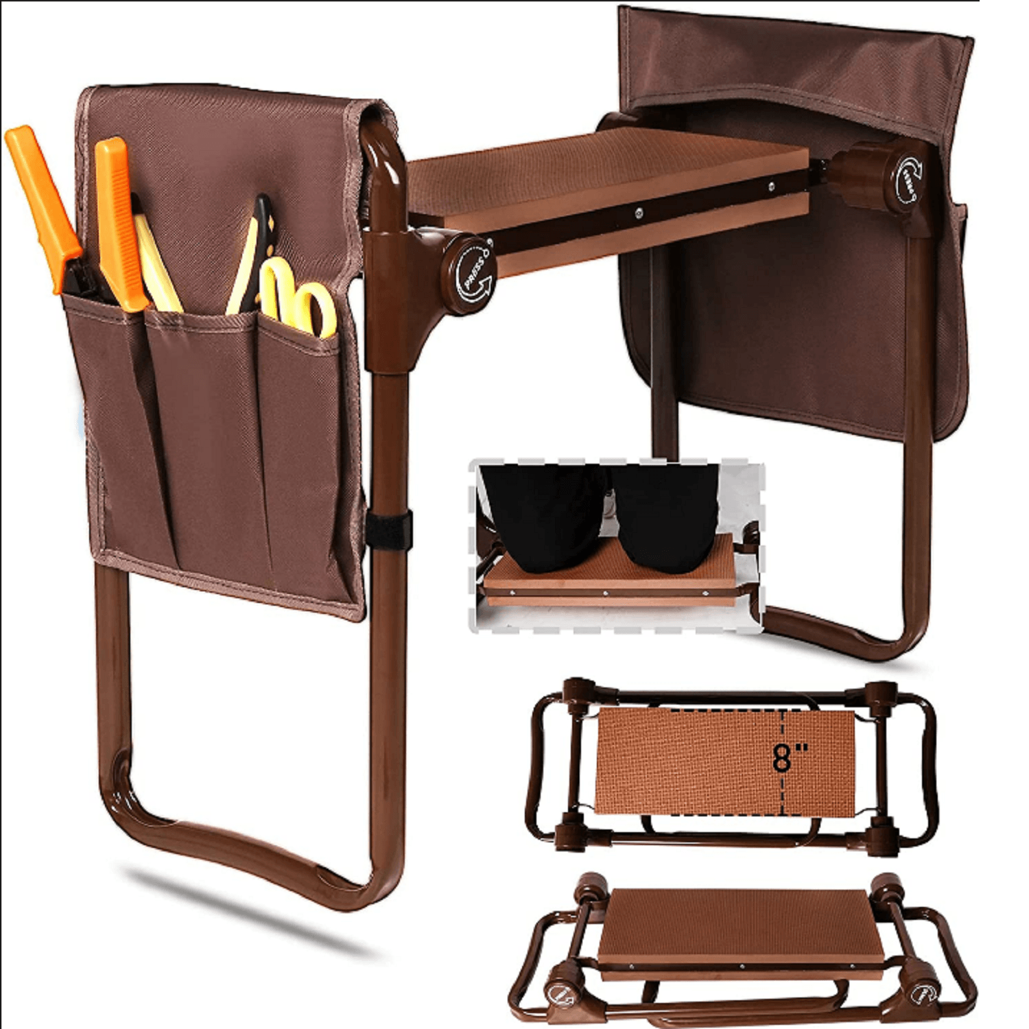 Widen Garden Kneeler Seat Bench Folding Garden Workseat with EVA Foam Pad and Dual Pouch, Brown - Bosonshop