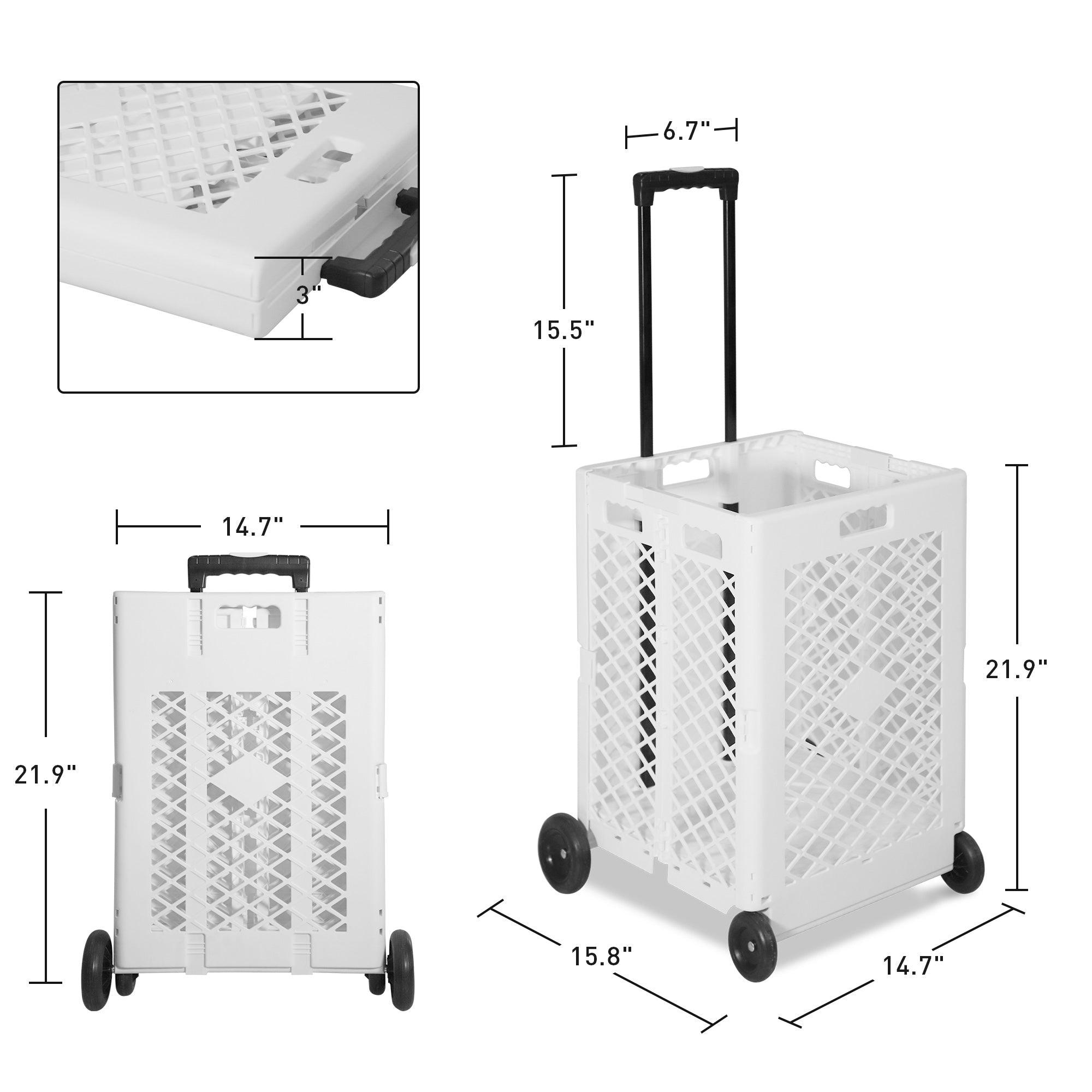 Foldable Rolling Cart Crate Collapsible Basket with Wheels & Telescopic Handle, 66 lbs Capacity, White - Bosonshop