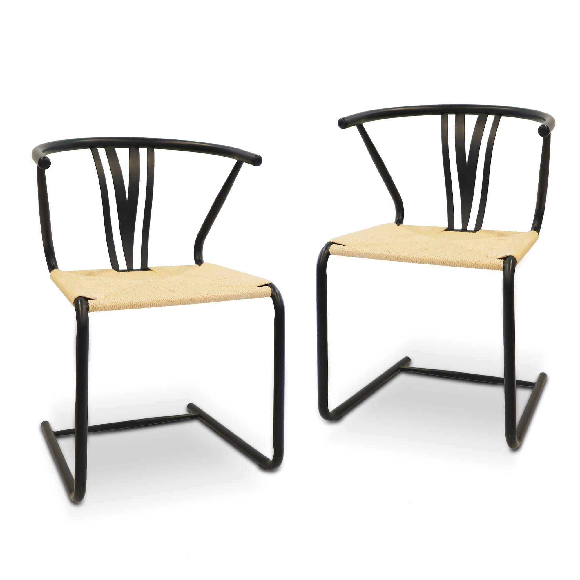 Black Wishbone Dining Chair Set of 2 Hand-Woven Paper Rattan Chairs - Bosonshop