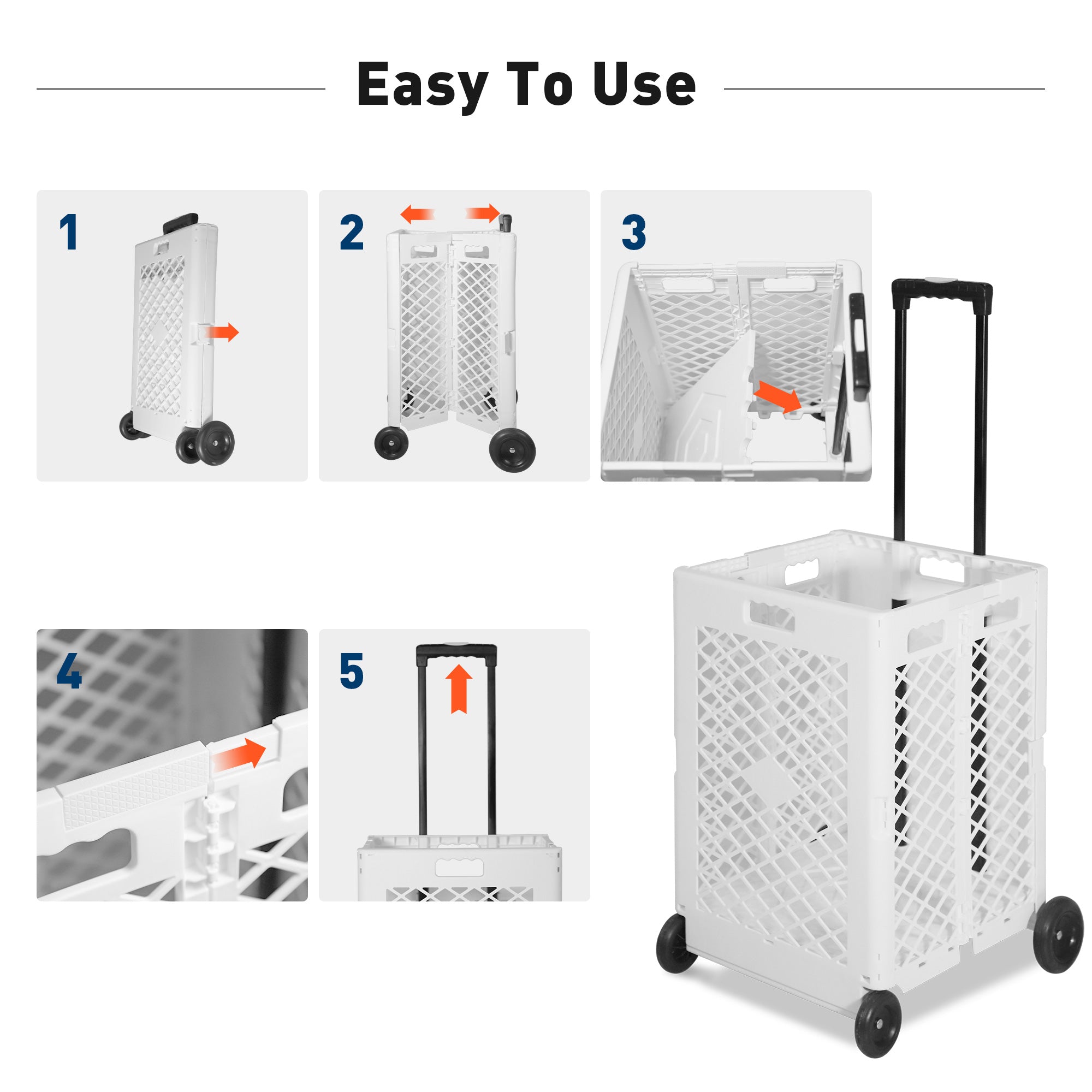 Foldable Rolling Cart Crate Collapsible Basket with Wheels & Telescopic Handle, 66 lbs Capacity, White - Bosonshop