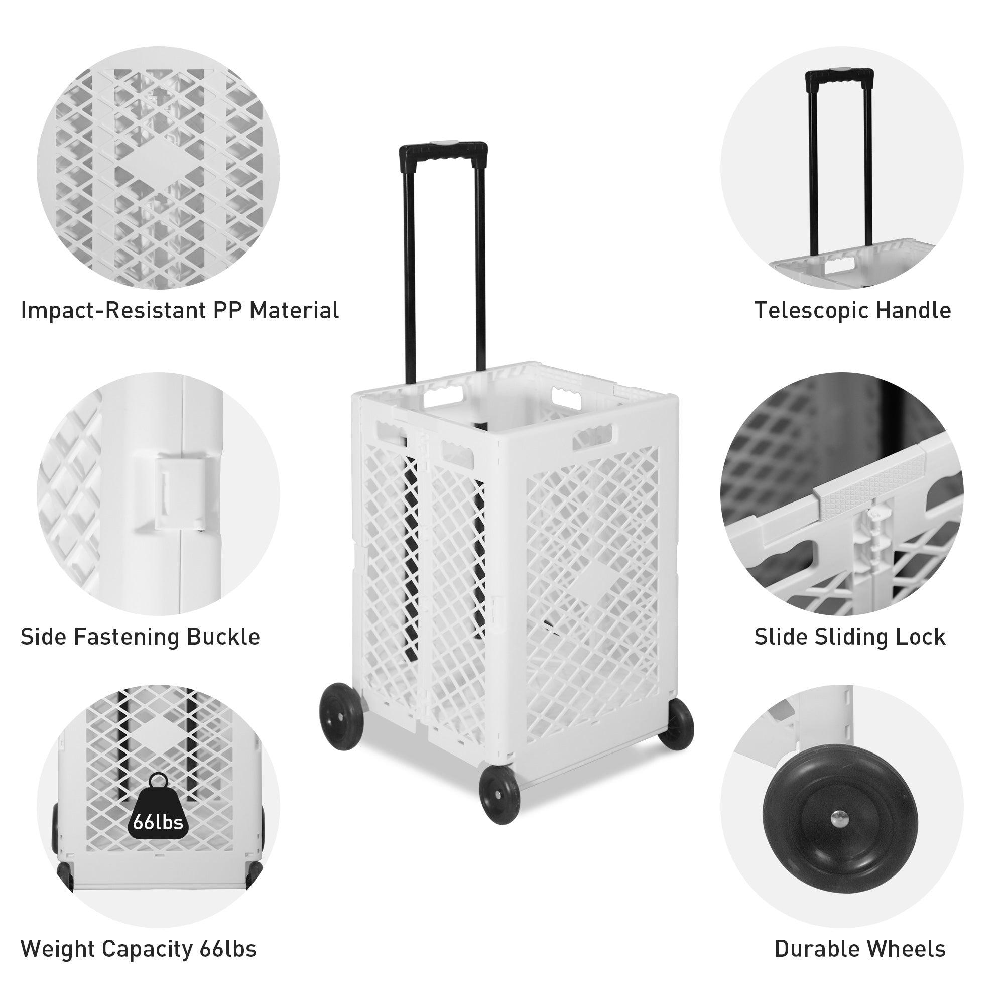 Foldable Rolling Cart Crate Collapsible Basket with Wheels & Telescopic Handle, 66 lbs Capacity, White - Bosonshop
