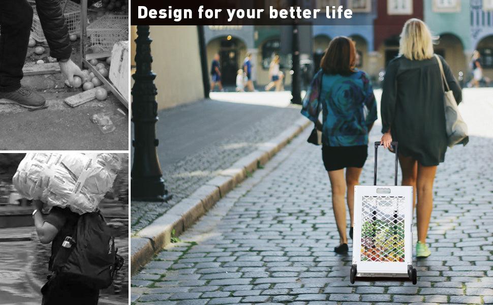 Foldable Rolling Cart Crate Collapsible Basket with Wheels & Telescopic Handle, 66 lbs Capacity, White - Bosonshop