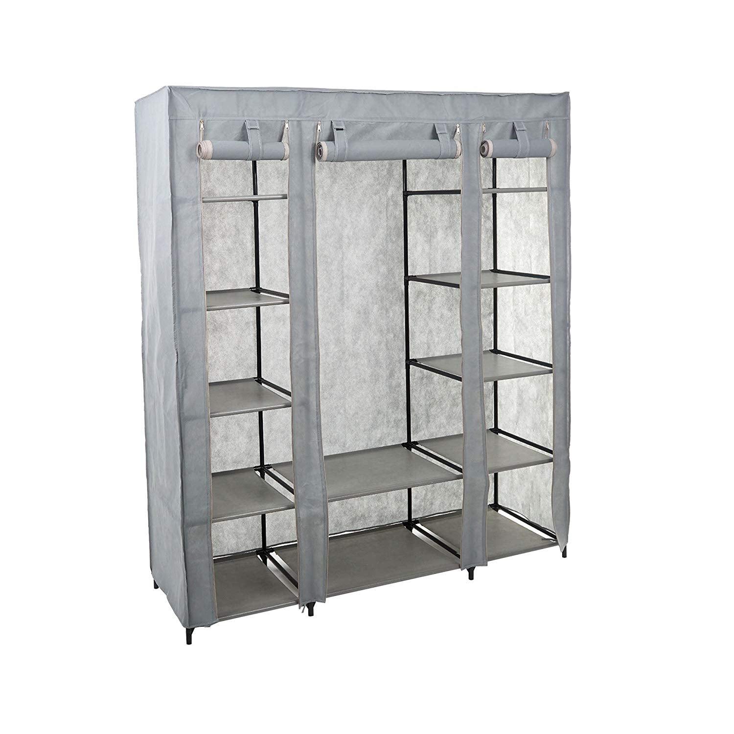 Bosonshop 59" Clothes Closet Portable Storage Organizer with Hanging Rod, Nonwoven Fabric, 12 Storage Shelves-Grey