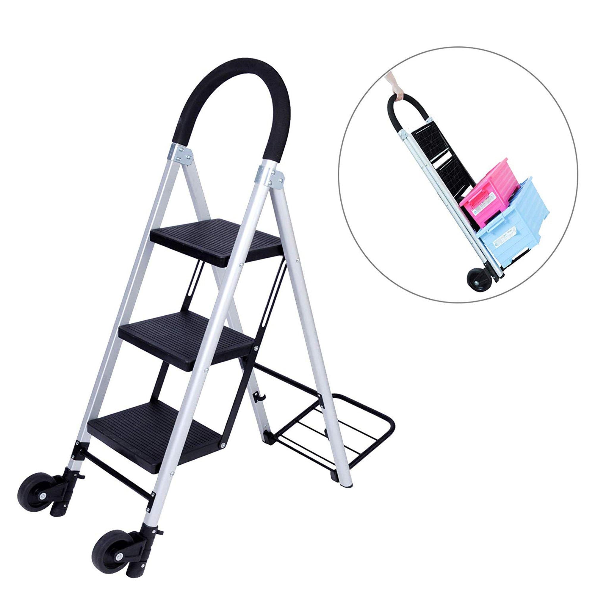 3 Step Ladder Folding Hand Truck 2 in 1 Convertible Aluminum Ladders with Wheels for Home Office - Bosonshop
