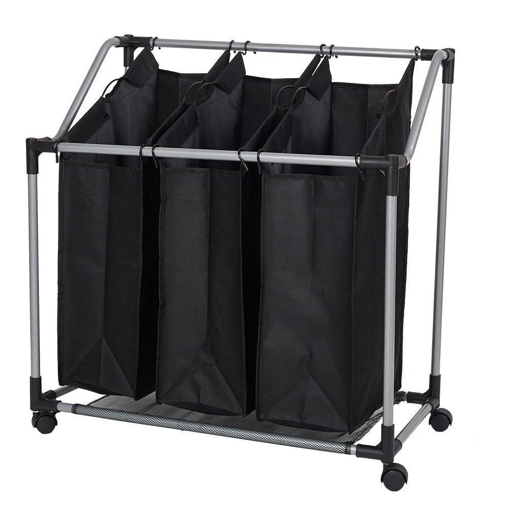 Bosonshop Heavy-Duty 3-Bag Rolling Laundry Sorter Storage Cart, Bag Laundry Organizer with Wheels(Black)