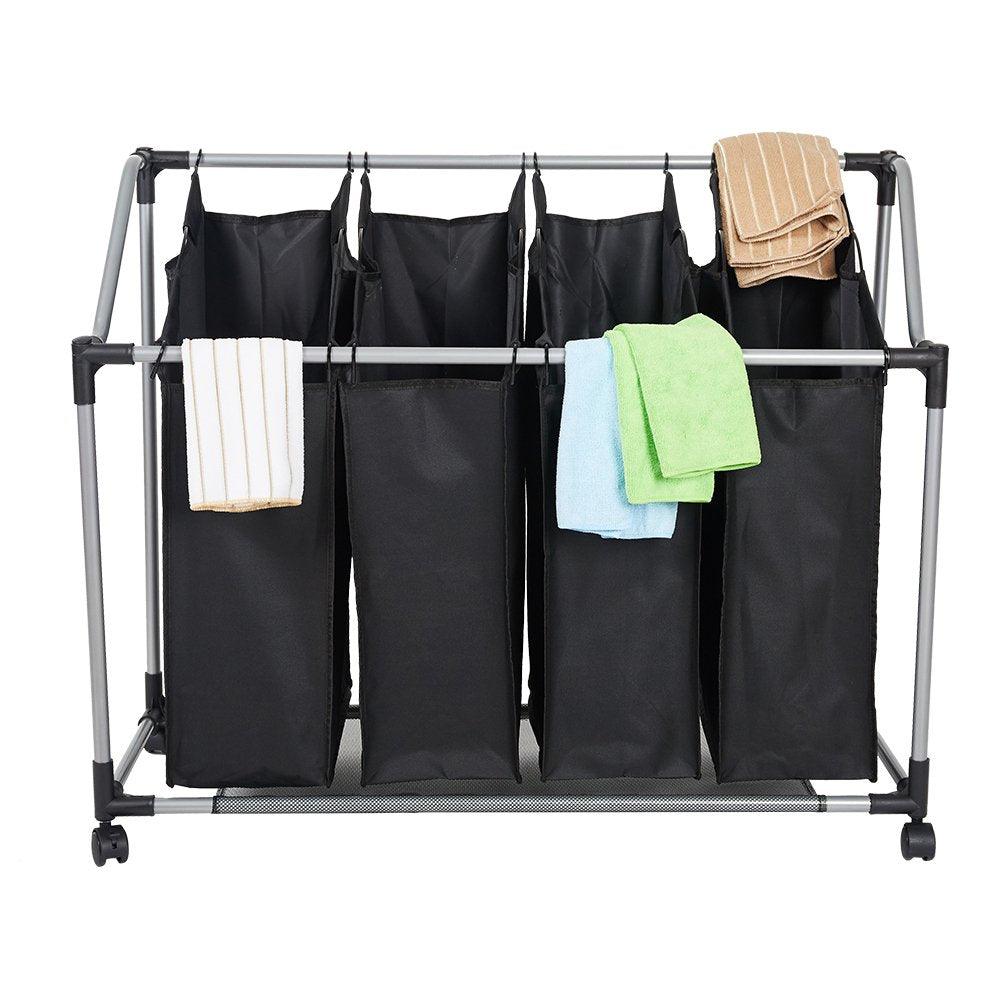 Bosonshop Heavy-Duty 4-Bag Rolling Laundry Sorter Storage Cart, Bag Laundry Organizer with Wheels(Black)