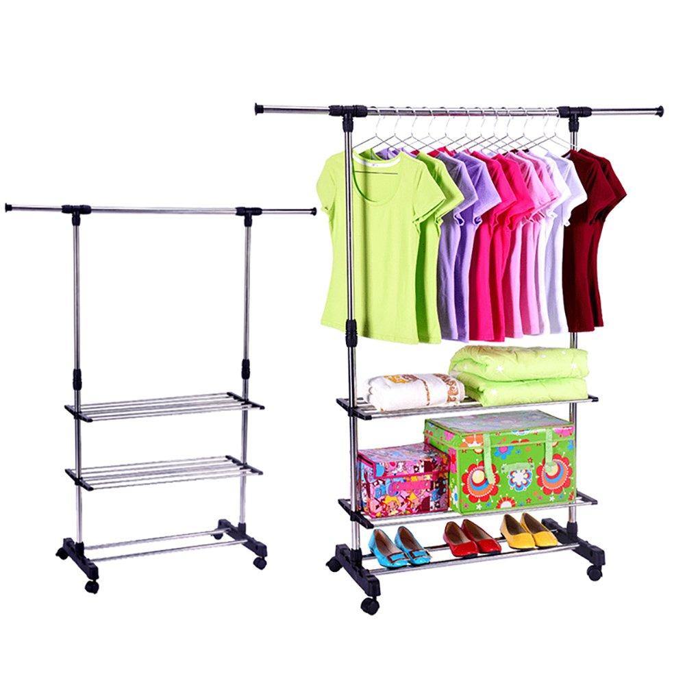 Bosonshop Portable Single Rod Extendable Clothes Rack Adjustable Garment Rack with Wheels 3 Tiers Storage Shelves