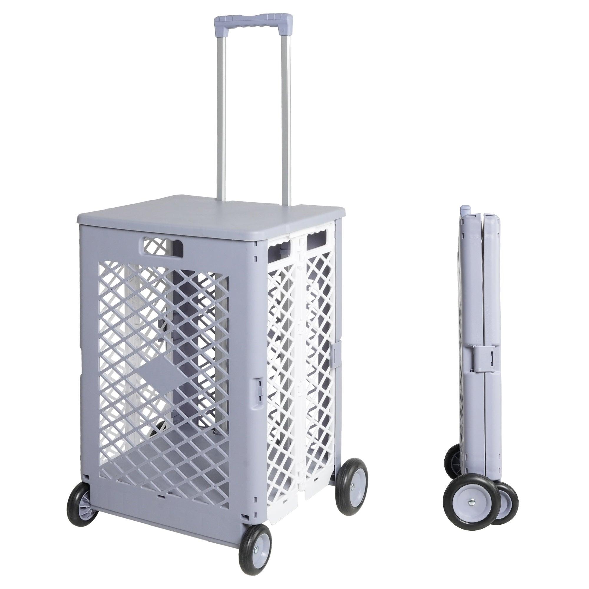 55L Foldable Mesh Rolling Cart with Wheels Utility Tools Rolling Crate w/ Telescopic Handle, Gray - Bosonshop