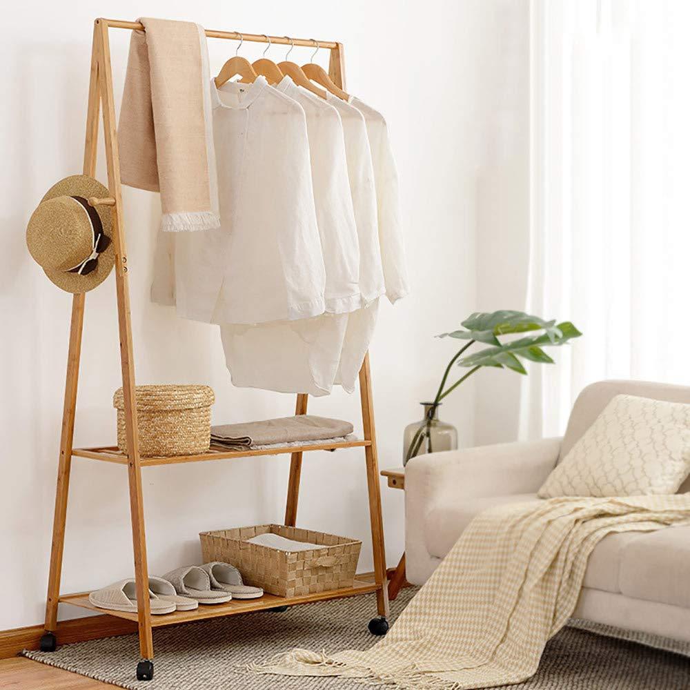 Bosonshop Bamboo Garment Clothing Rack with Wheels and Hooks