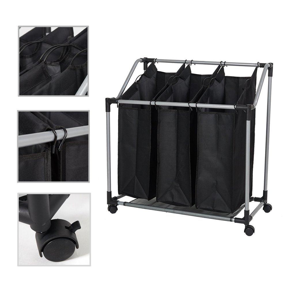 Bosonshop Heavy-Duty 3-Bag Rolling Laundry Sorter Storage Cart, Bag Laundry Organizer with Wheels(Black)