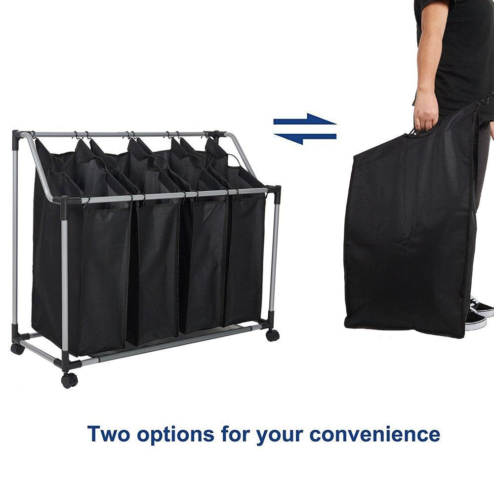 Bosonshop Heavy-Duty 4-Bag Rolling Laundry Sorter Storage Cart, Bag Laundry Organizer with Wheels(Black)
