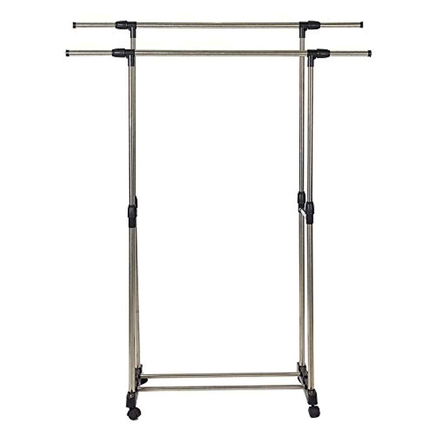 Bosonshop Adjustable Double Rail Heavy Duty Garment Rack Clothes Rack with Wheels Free Standing Black