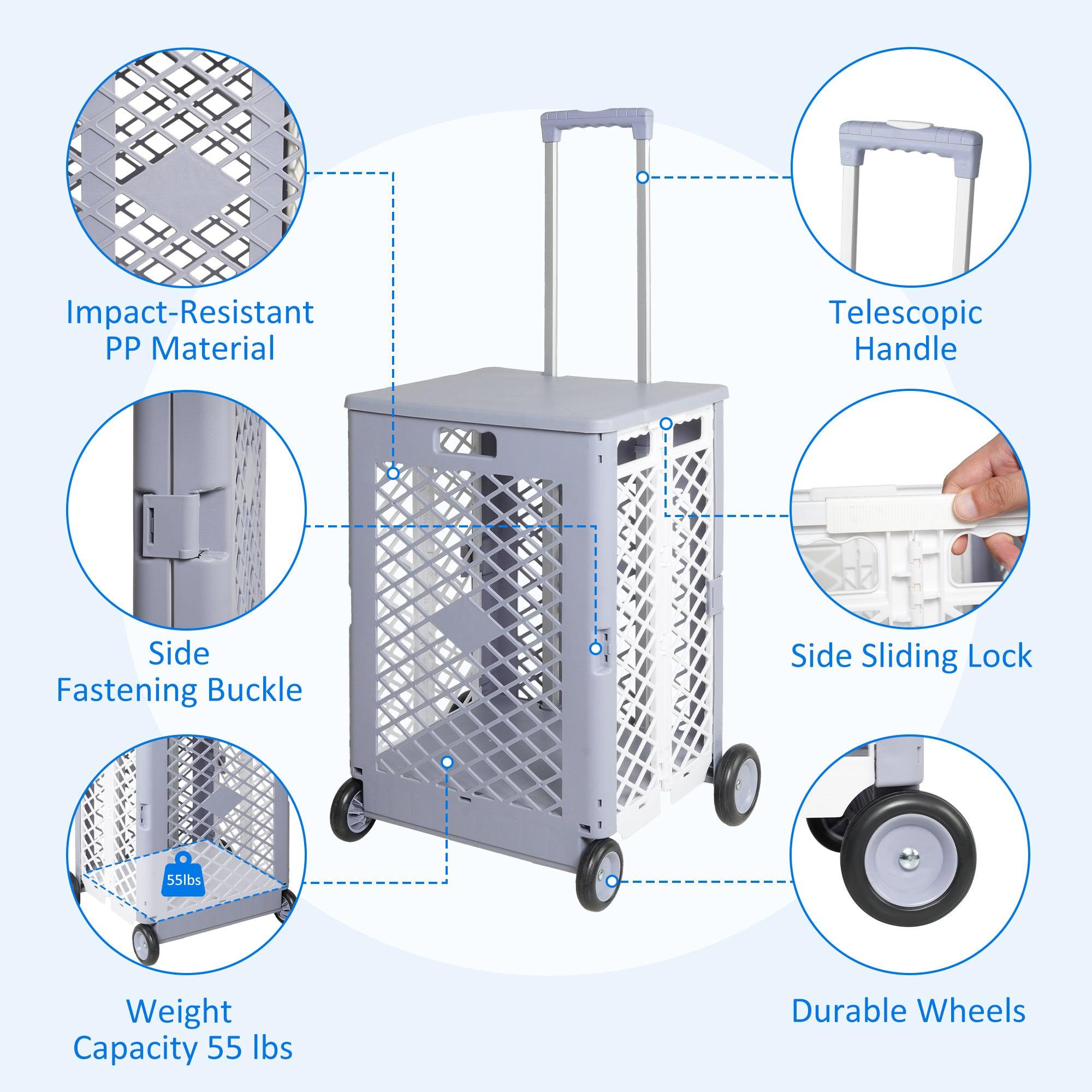 55L Foldable Mesh Rolling Cart with Wheels Utility Tools Rolling Crate w/ Telescopic Handle, Gray - Bosonshop