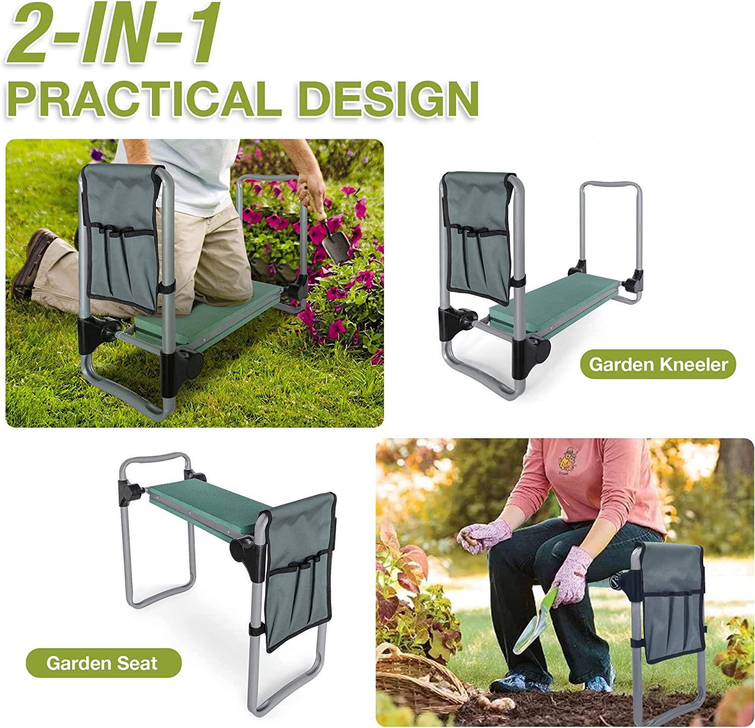 Garden Kneeler Seat Button Folding Gardening Bench with EVA Foam Kneeling Pad & Pouch - Bosonshop