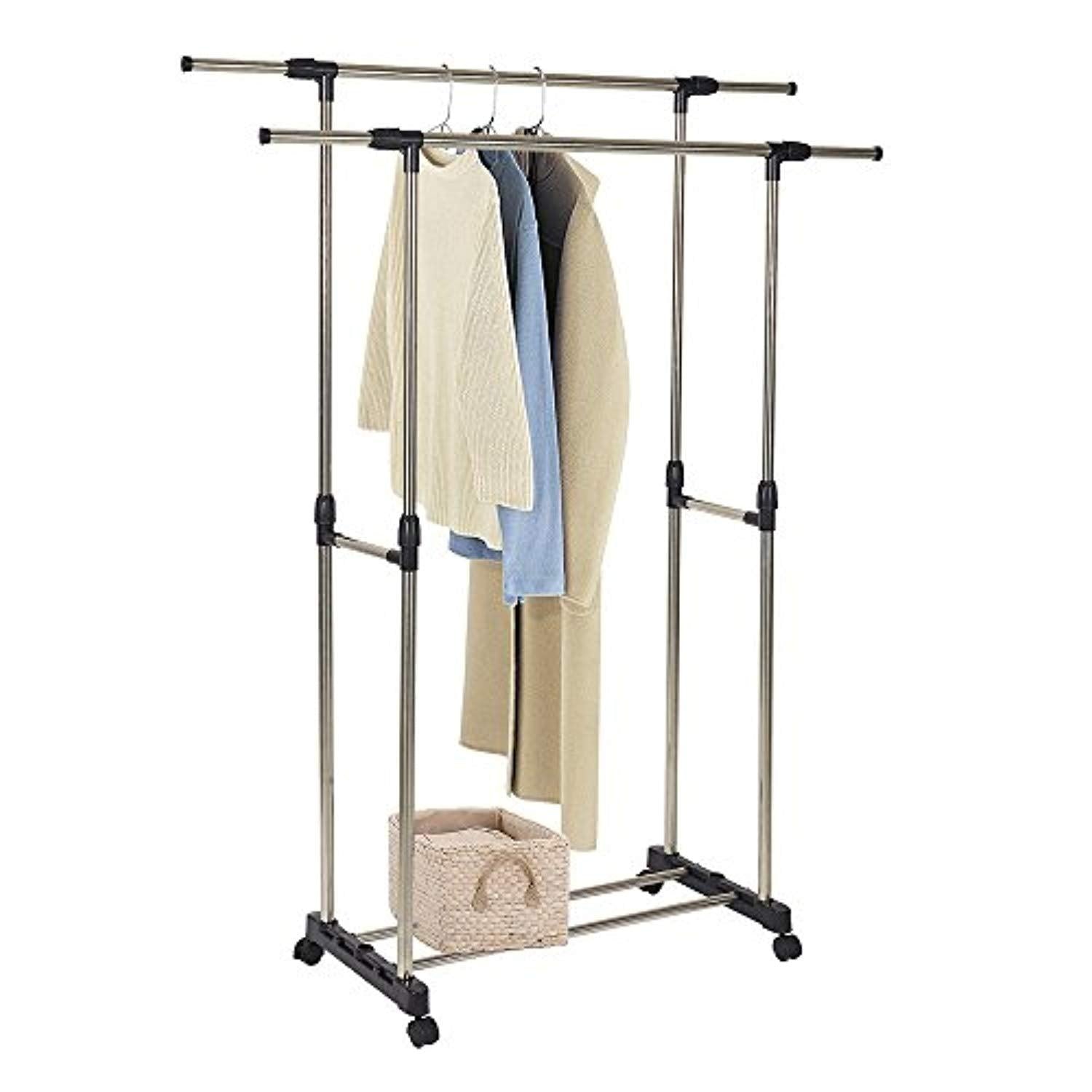 Bosonshop Adjustable Double Rail Heavy Duty Garment Rack Clothes Rack with Wheels Free Standing Black