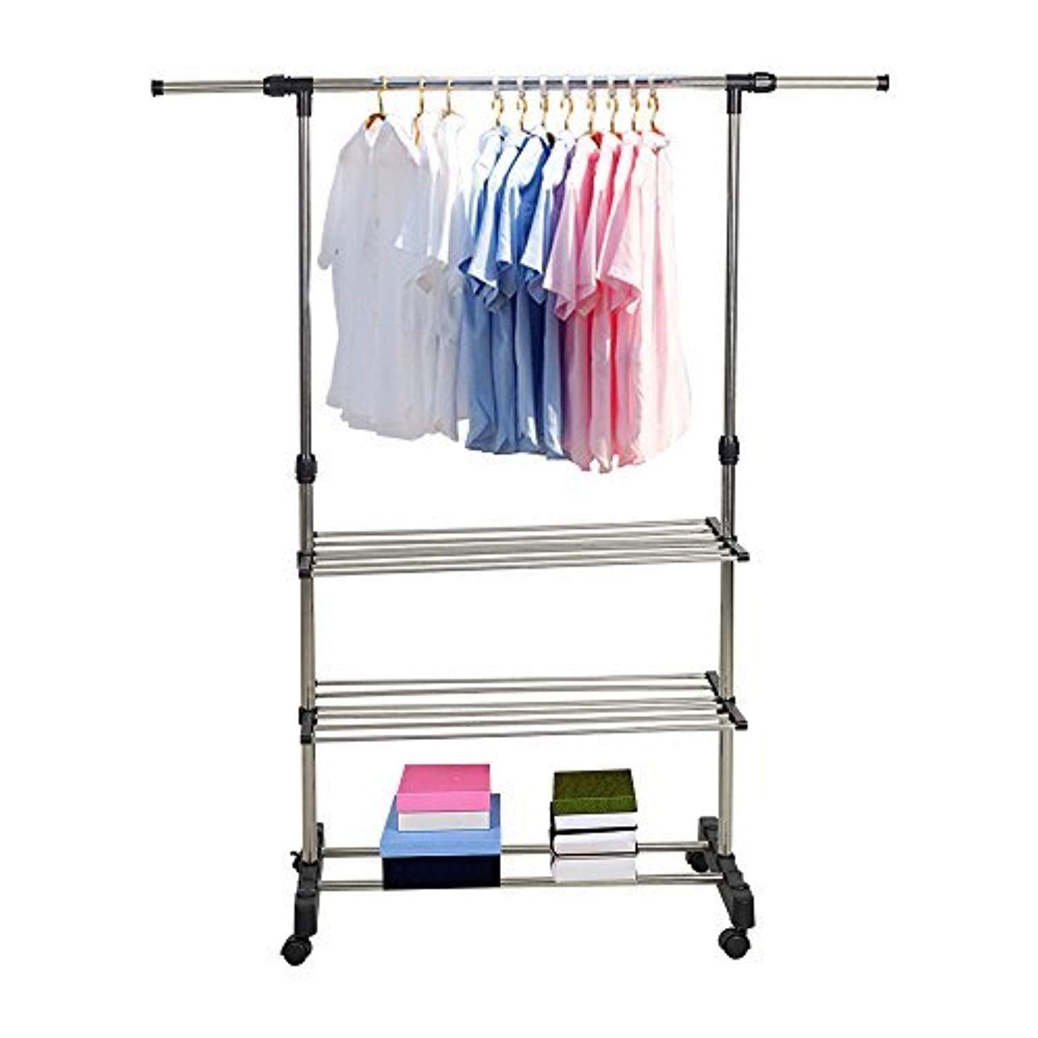 Bosonshop Single Rail Adjustable Clothes Rack Hanging Rack With Wheels and Shelves