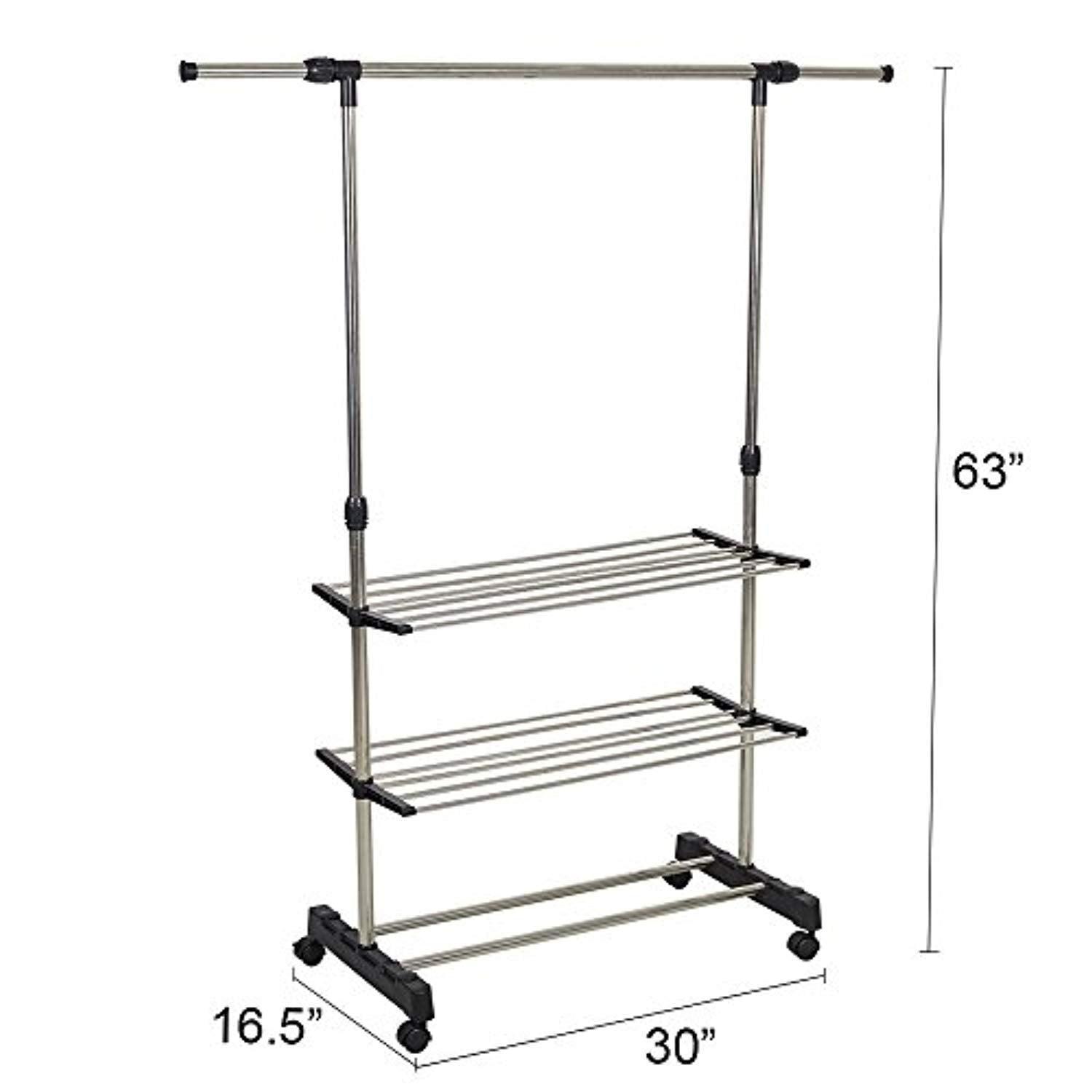 Bosonshop Single Rail Adjustable Clothes Rack Hanging Rack With Wheels and Shelves