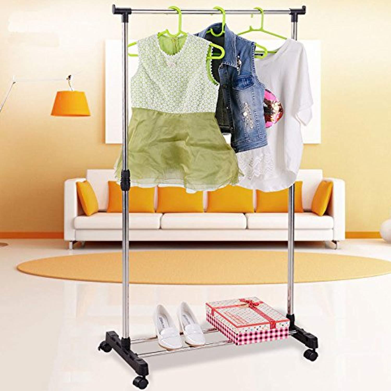 Bosonshop Single Rod Adjustable Rolling Clothes Garment Rack with Wheels Storage Shelves