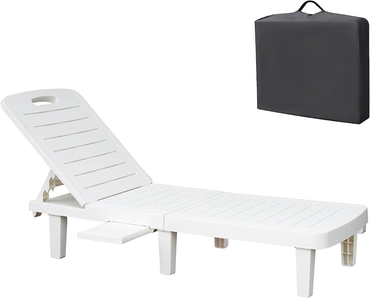 Chaise Lounge Chair Patio Sunbathing Chair with 4 Level Adjustable Backrest & Hide Cup Holder, White - Bosonshop
