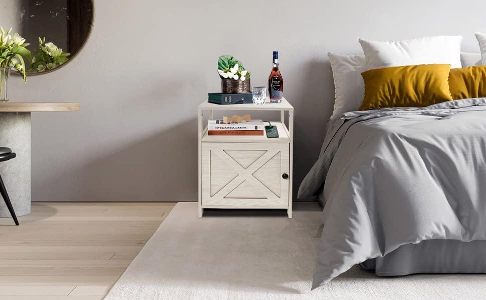 Modern Nightstands with Charging Station Wooden Sofa Side Storage Stand Cabinet Set of 2 Large Capacity Storage End Table with Open Shelf (Creame White 2 PC) - Bosonshop