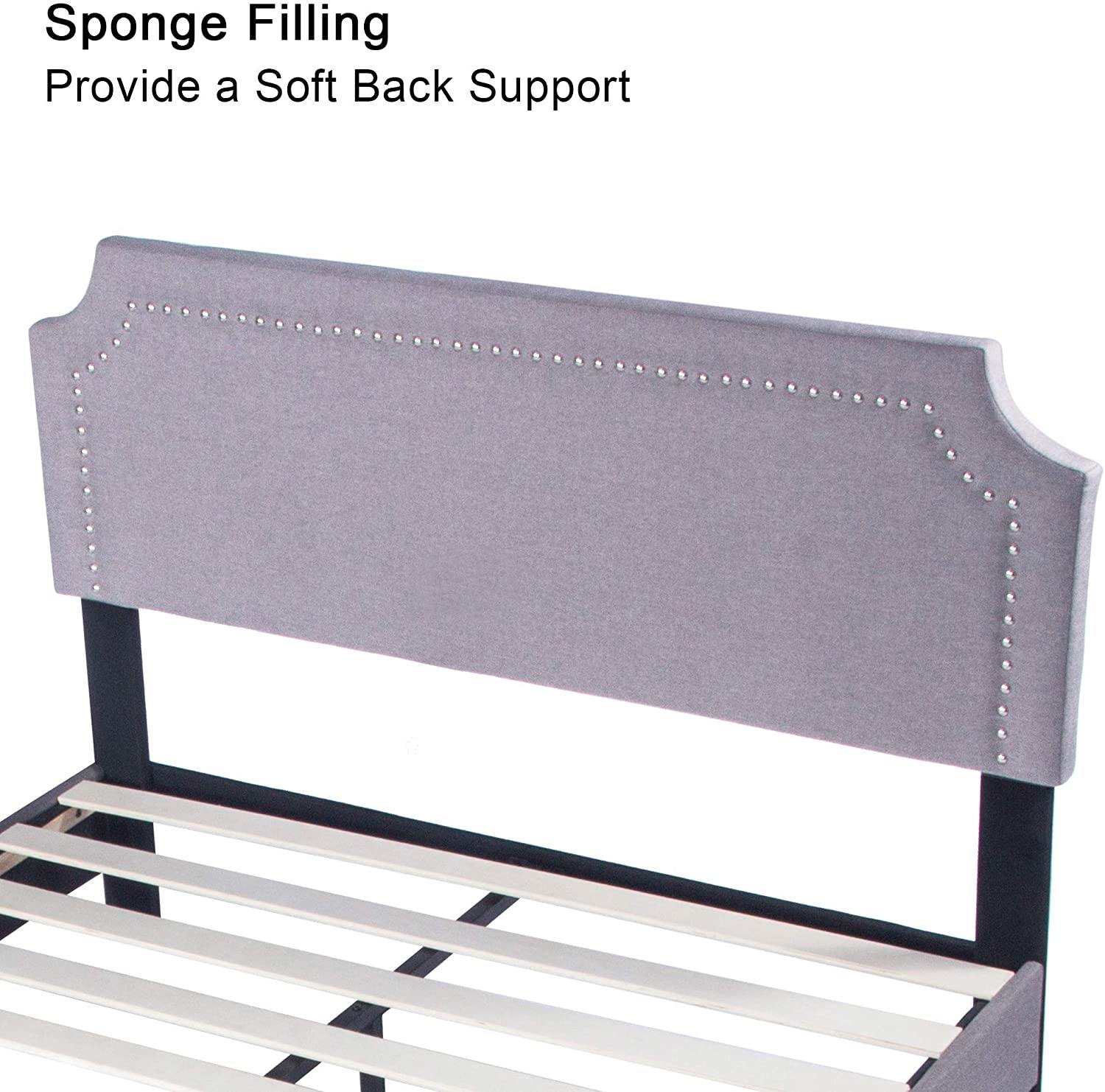 60" Platform Bed Frame Queen Upholstered Headboard Wood Slat Support Metal Frame Heavy Duty Bed Frame for Bedroom - Bosonshop