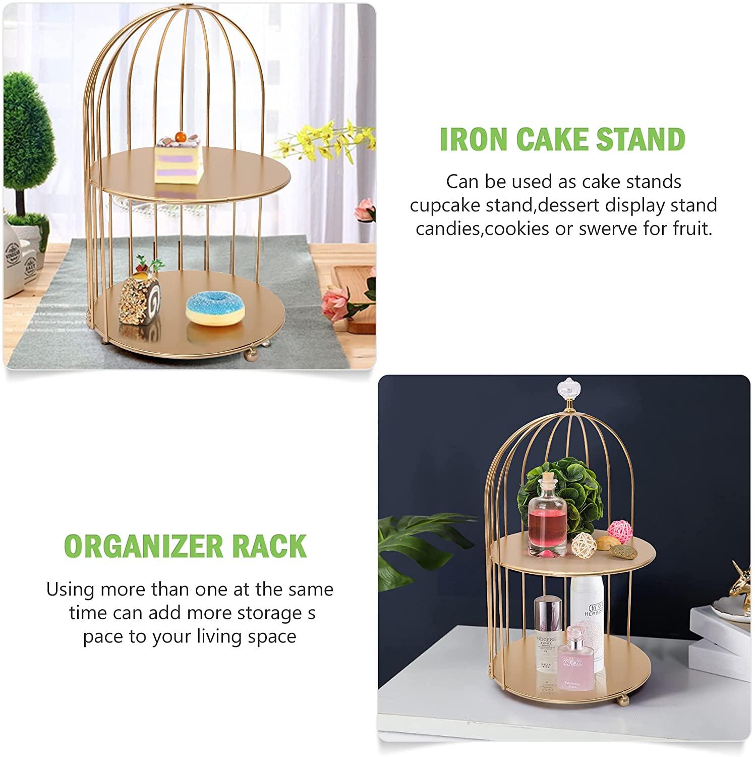2-Tier Dessert Cupcake Stand Bird Cage Shaped Cake Stands Jewelry Display Holder Dessert Cupcake Stand Desktop Makeup Organizer Rack, Golden - Bosonshop
