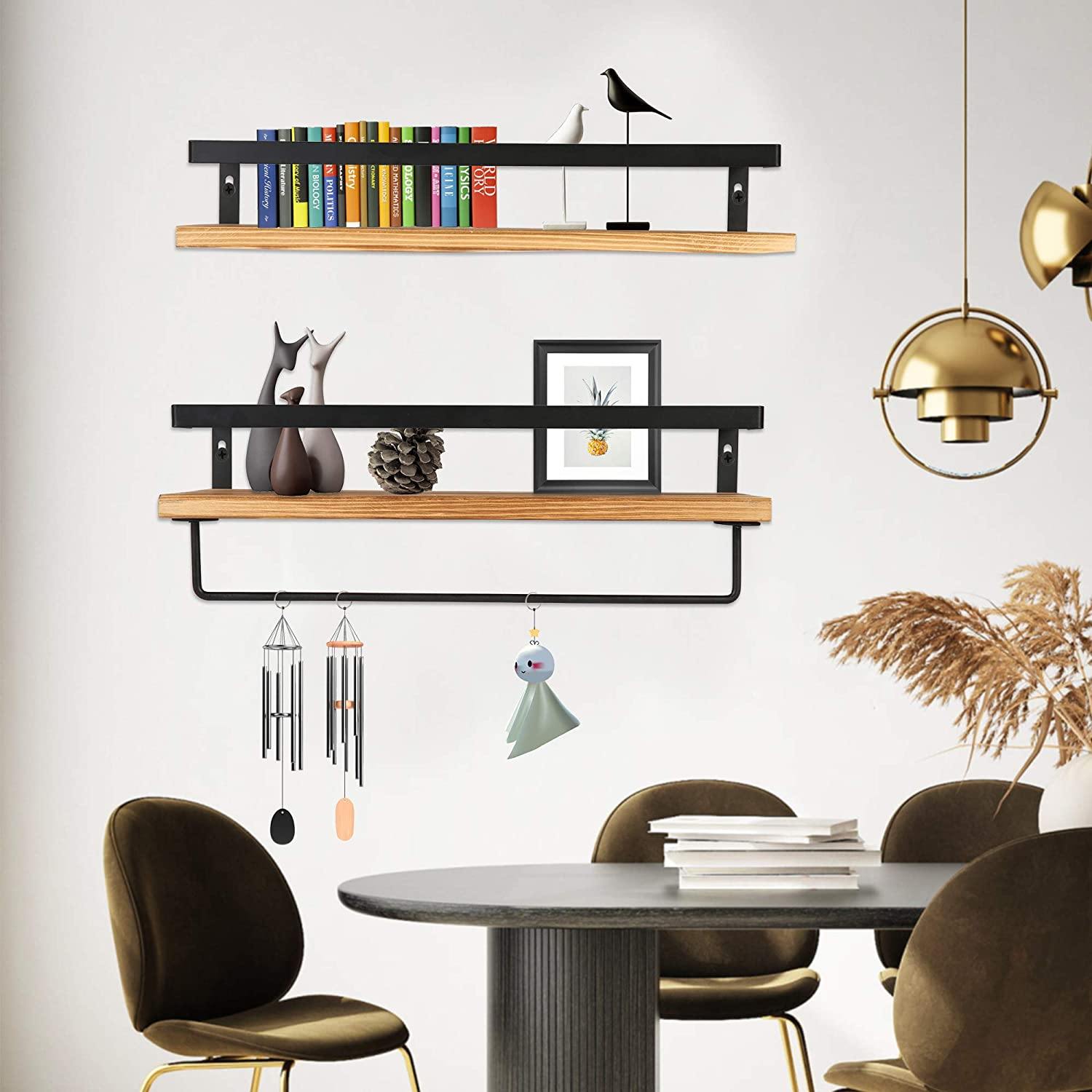 Floating Wall Shelves Rustic Floating Shelf For Bathroom Kitchen With Removable Towel Bar|Easy To Install, Decoration And Storage|Set of 2 Brown - Bosonshop