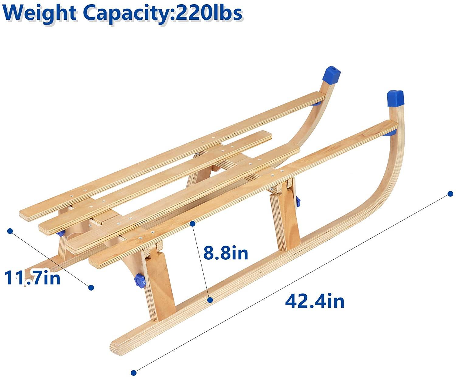 Sled Wooden Foldable For Kids And Adult Outdoor Play With A Pulling Rope 42 inch Weight Capacity With Blue Bracket, 220lbs - Bosonshop
