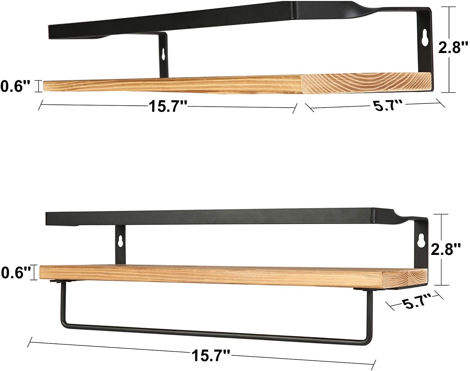 Floating Wall Shelves Rustic Floating Shelf For Bathroom Kitchen With Removable Towel Bar|Easy To Install, Decoration And Storage|Set of 2 Brown - Bosonshop