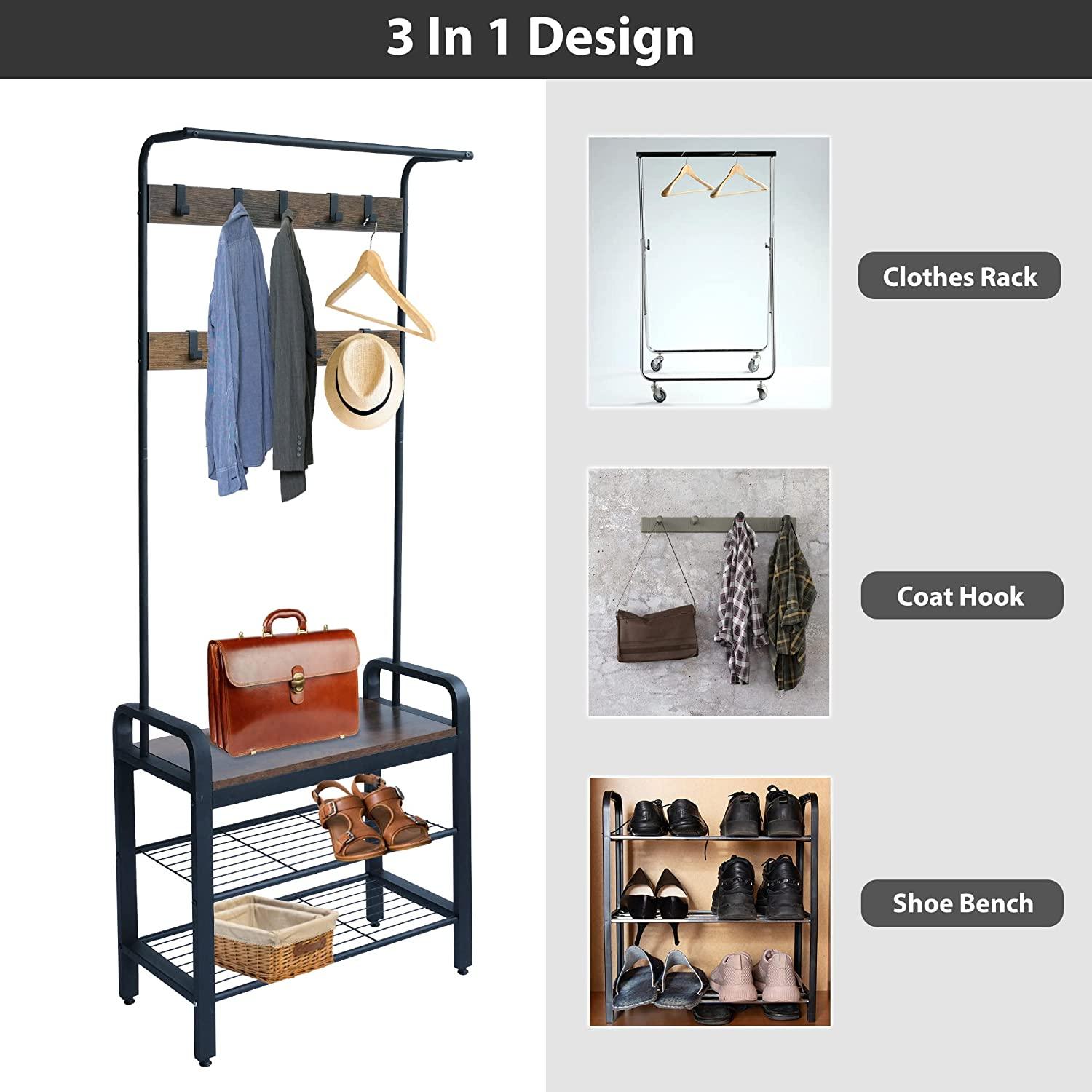 Freestanding Coat Rack with Shoe Bench, 3-in-1 Hall Tree Shoe Rack for Entryway - Bosonshop