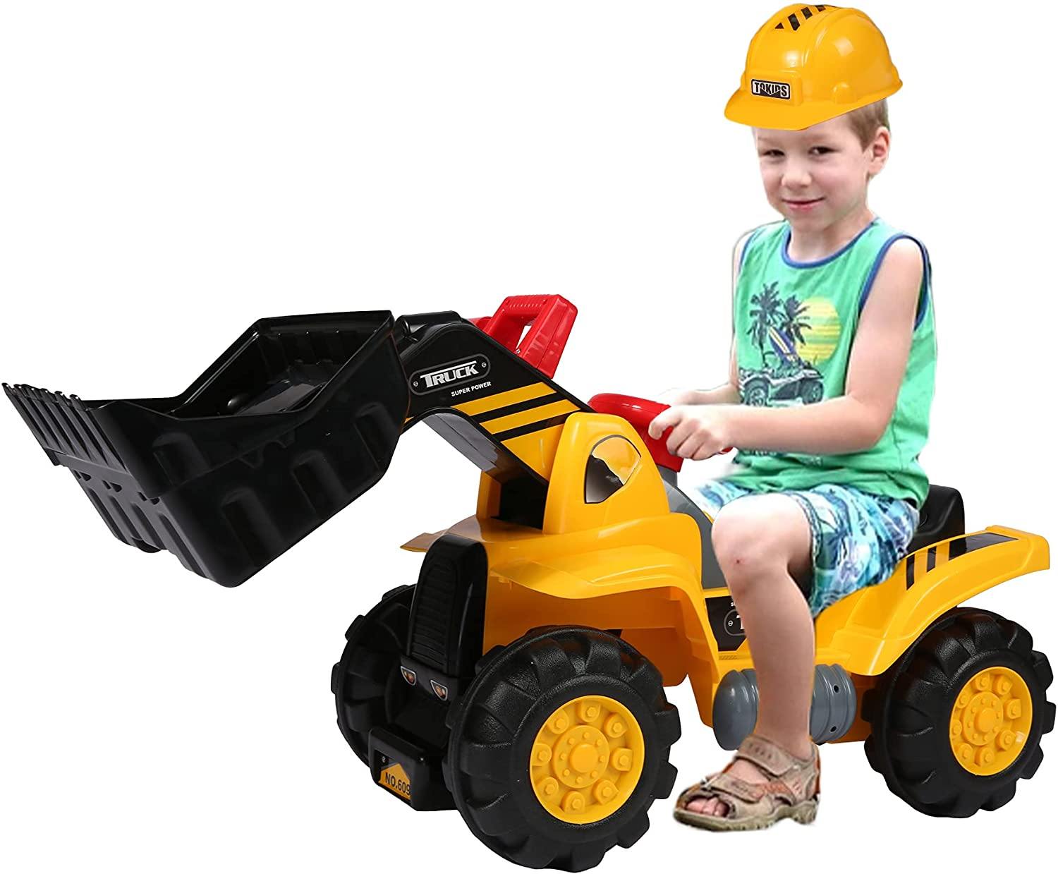 Kids Toddlers Ride-on Bulldozer Toy with Simulated Sounds Boys Construction Truck Vehicle with Bucket, Steering Wheel, Helmet, Rocks - Bosonshop