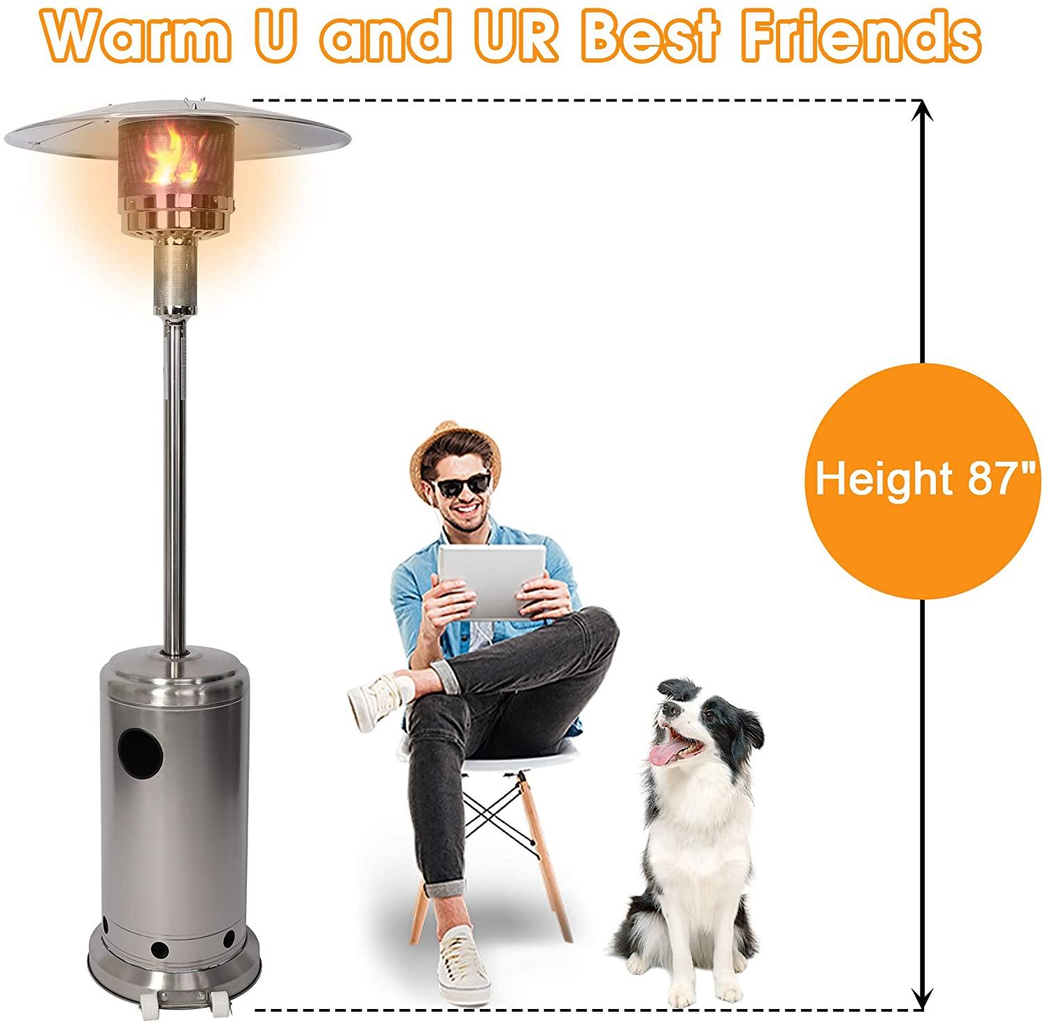 Outdoor Patio Heater Standing Gas LP Propane Heater with Wheels 87 Inches Tall 36000 BTU for Commercial Courtyard (Silver) - Bosonshop