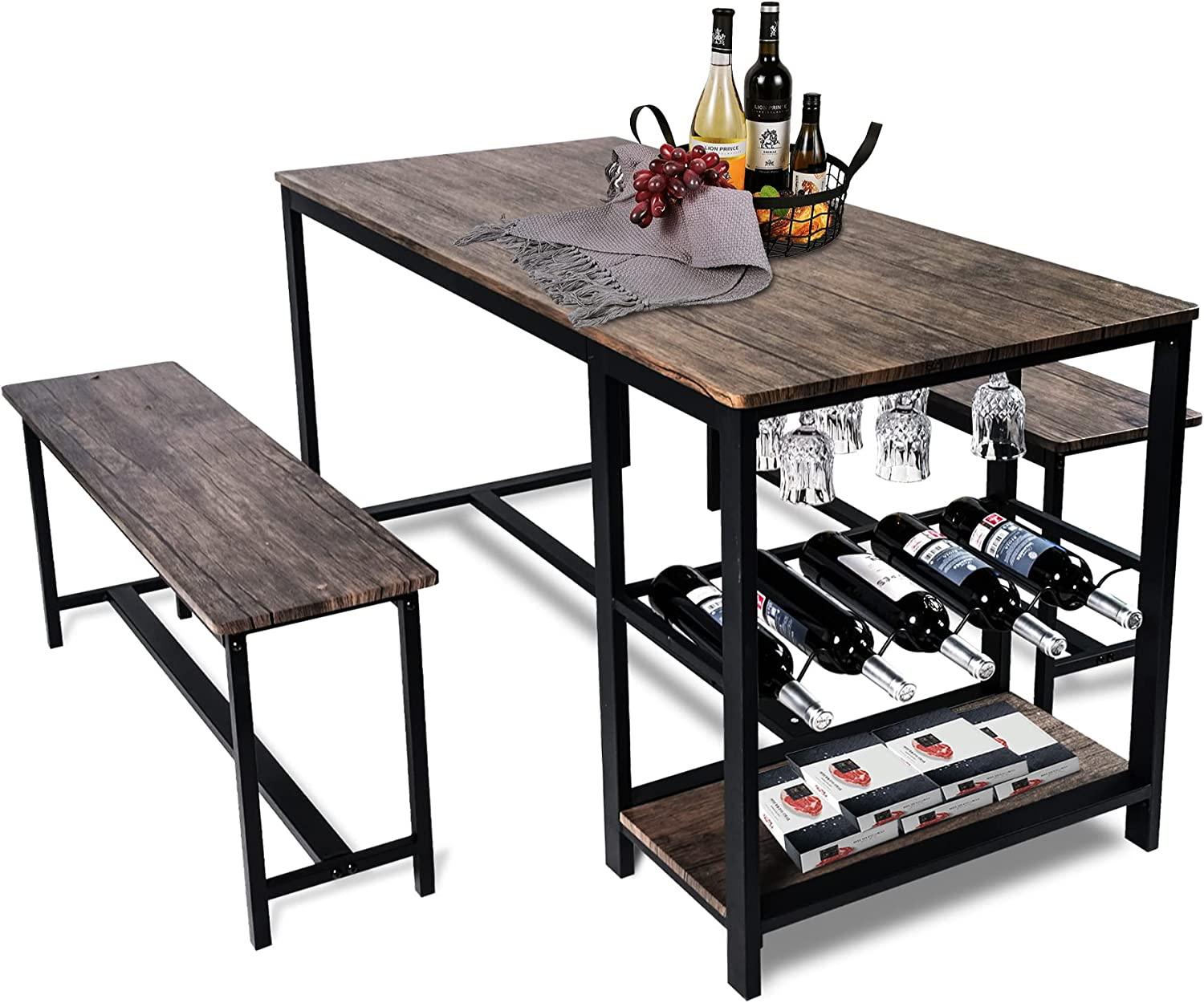 3 Piece Kitchen Table Set with Bench Dining Table Set for 4 Kitchen Dining Room Small Spaces Compact w/Storage Shelf Rack, Wine Rack - Bosonshop