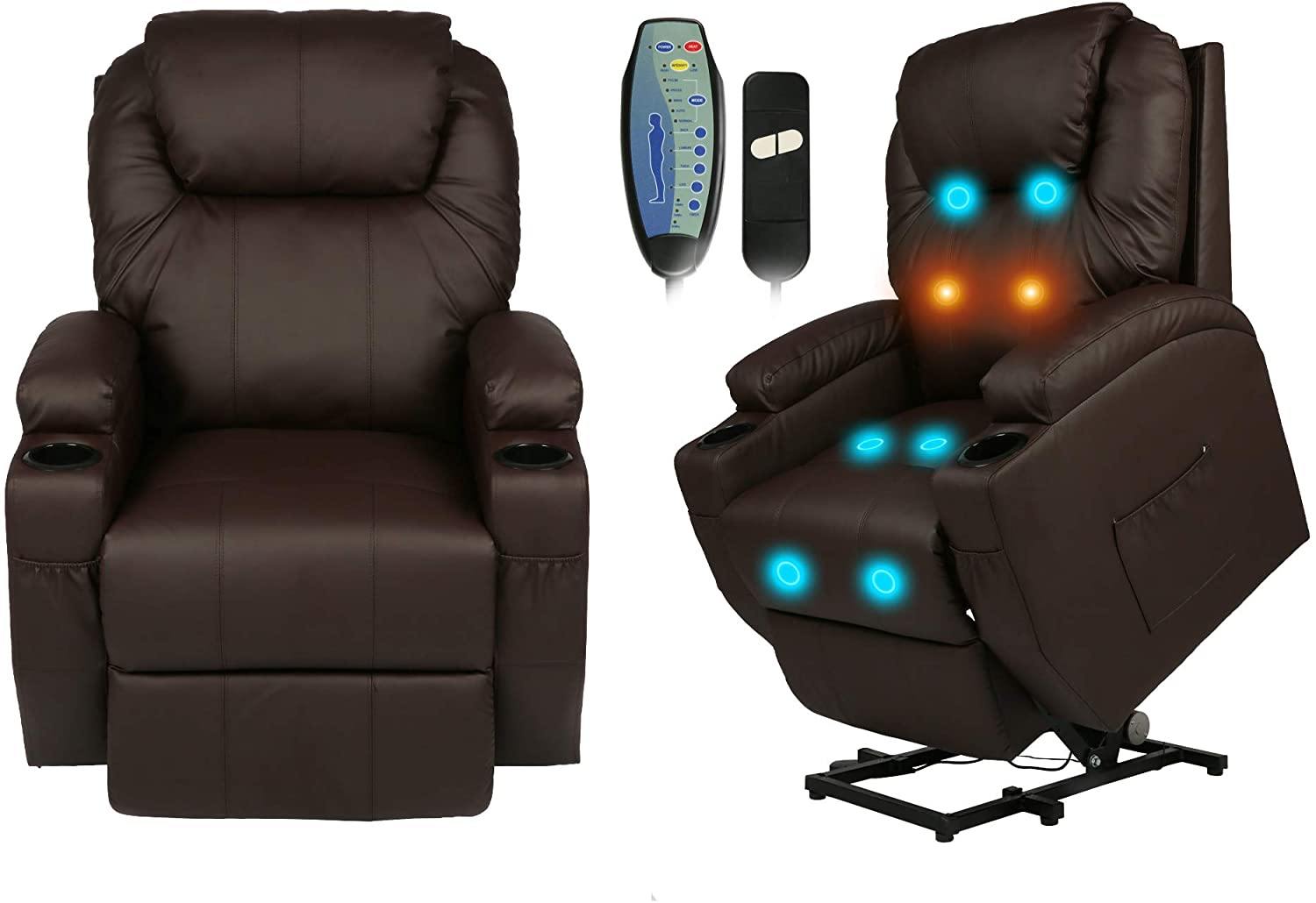 Single Recliner Chair with Massage & Heating Ergonomic Lounge Massage Sofa Power Lift with 2 Cup Holder Home Theater Seat, PU Leather, Brown - Bosonshop