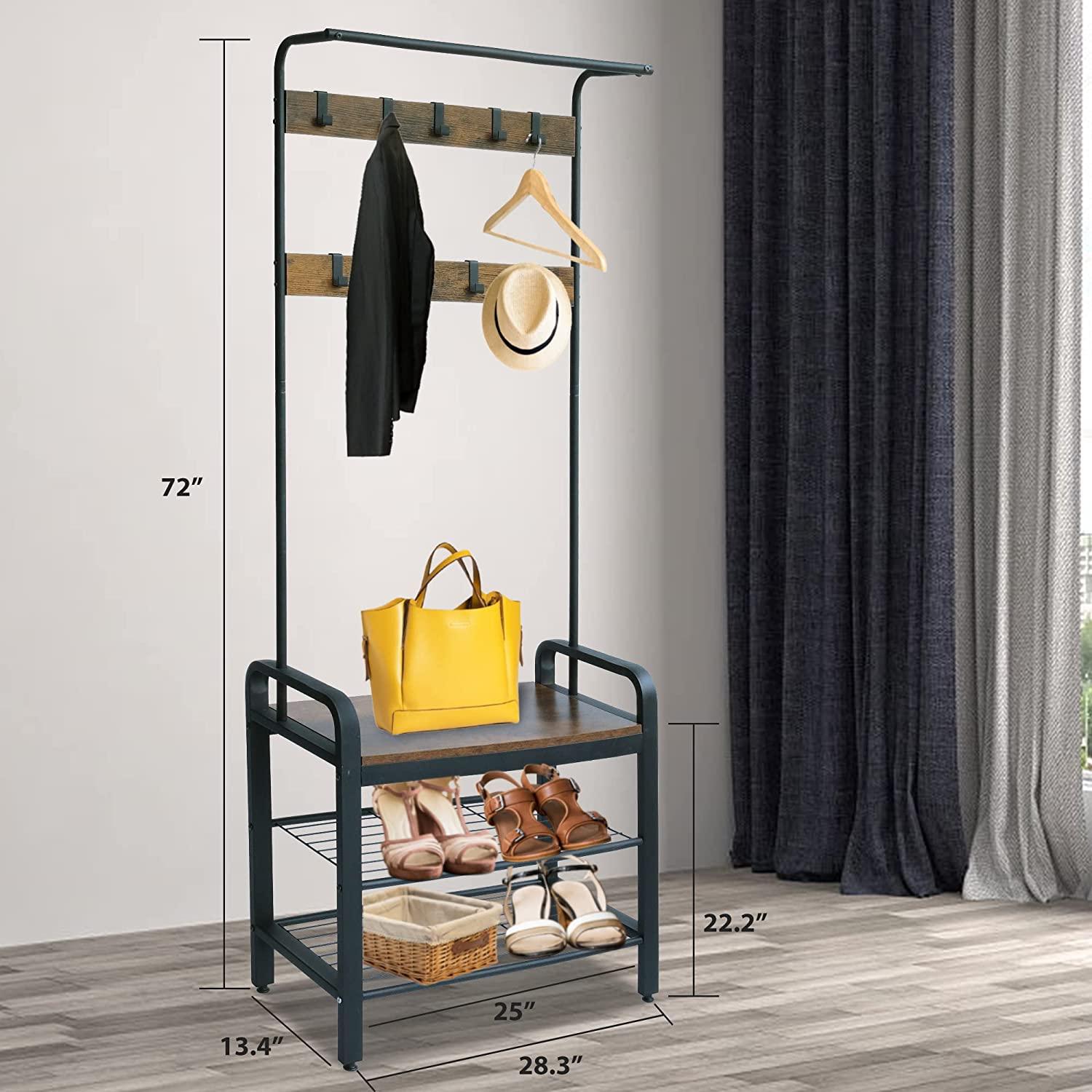 Freestanding Coat Rack with Shoe Bench, 3-in-1 Hall Tree Shoe Rack for Entryway - Bosonshop