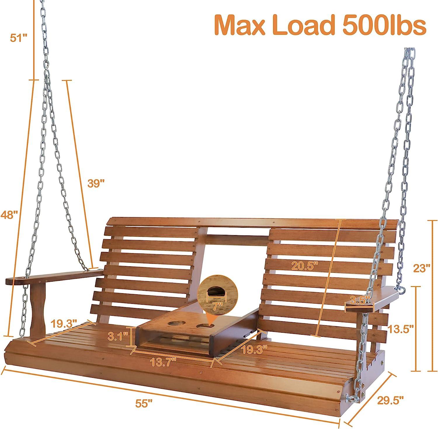 Wooden Porch Swing 2-Seater, Patio Swing Bench for Outdoor w/ Folding Cup Holders Heavy Duty Chains, 500 lbs Weight Capacity Hanging Swing Brown - Bosonshop