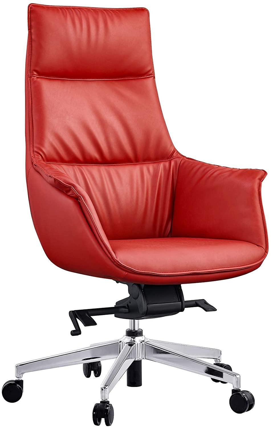 High Back Office Chair, PU Upholstered Modern Office Chair, Soft Thick Pad & Tiltable Back, Easy to Assemble, Red - Bosonshop